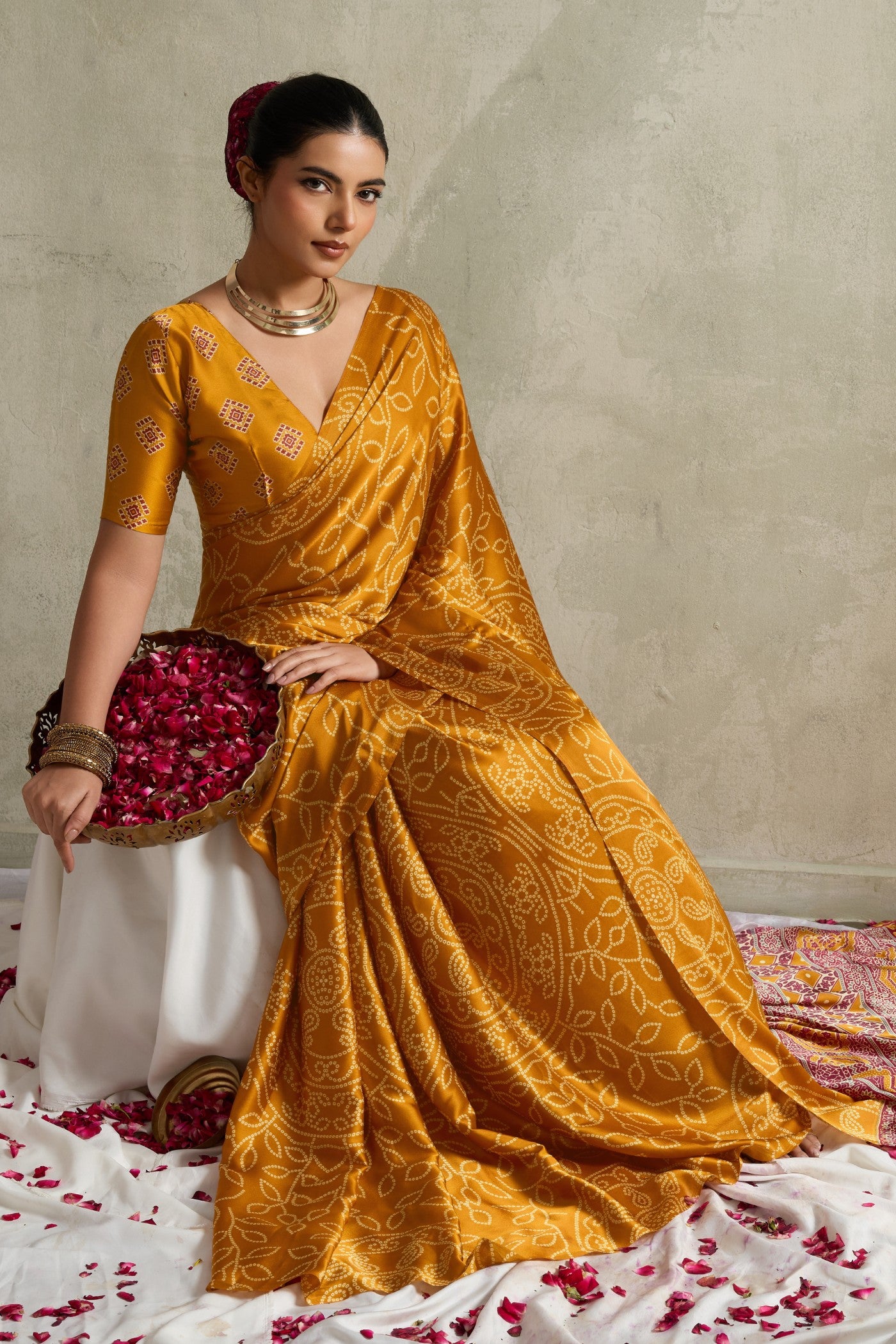 Buy MySilkLove Sun Yellow Bandhani Printed Silk Saree Online