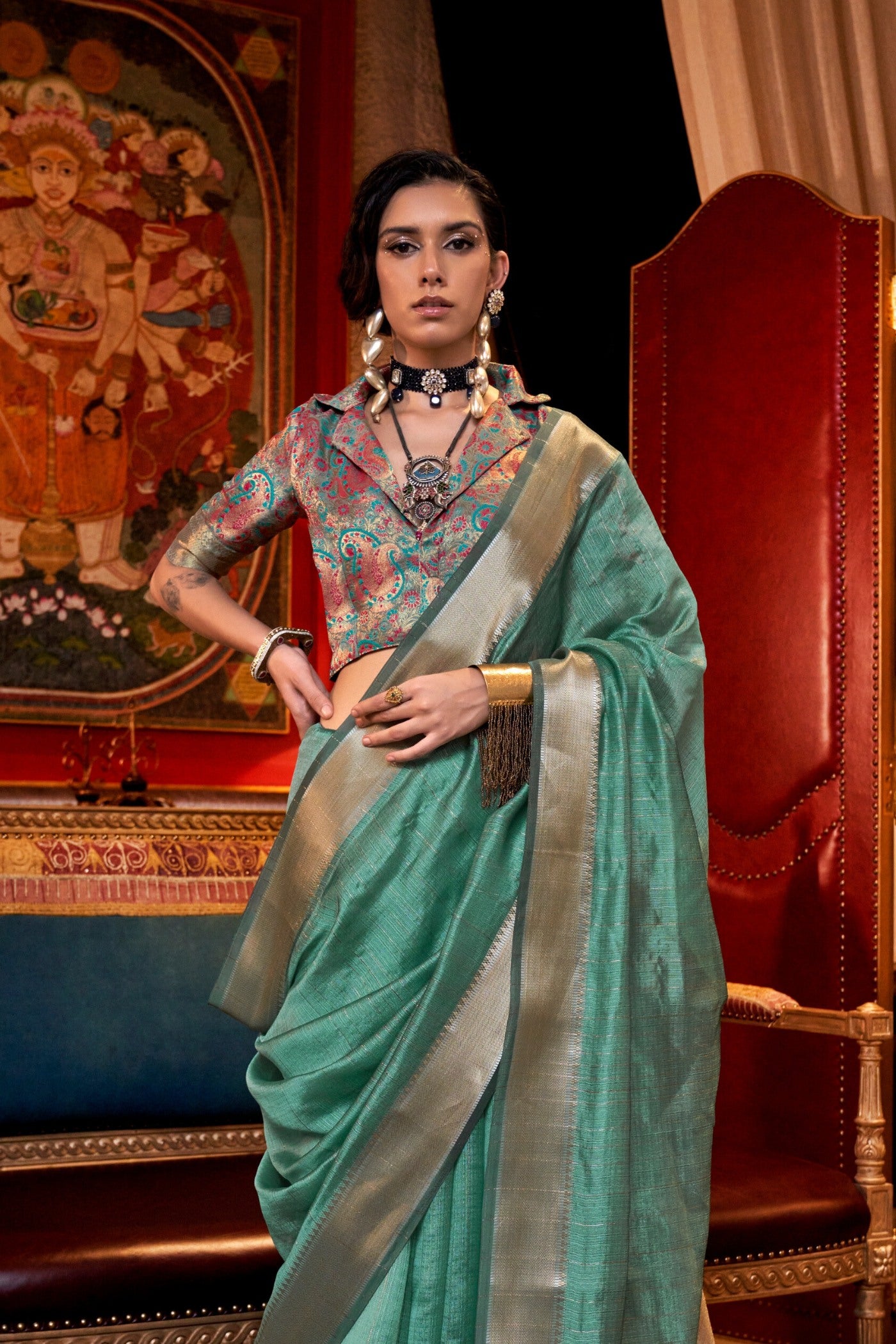 Buy MySilkLove Fern Green Chiffon Silk Saree Online