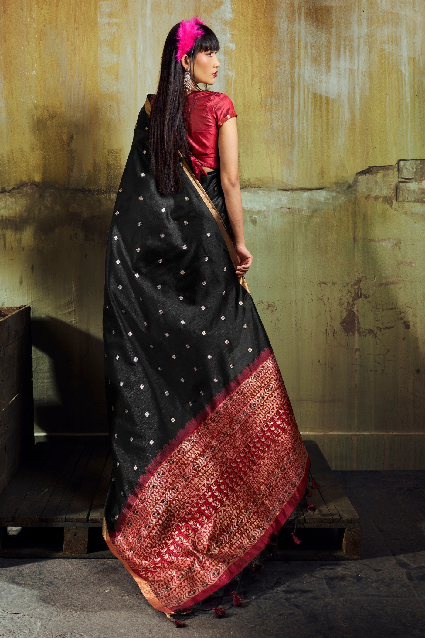 Buy MySilkLove Matte Black Tussar Handloom Silk Saree Online