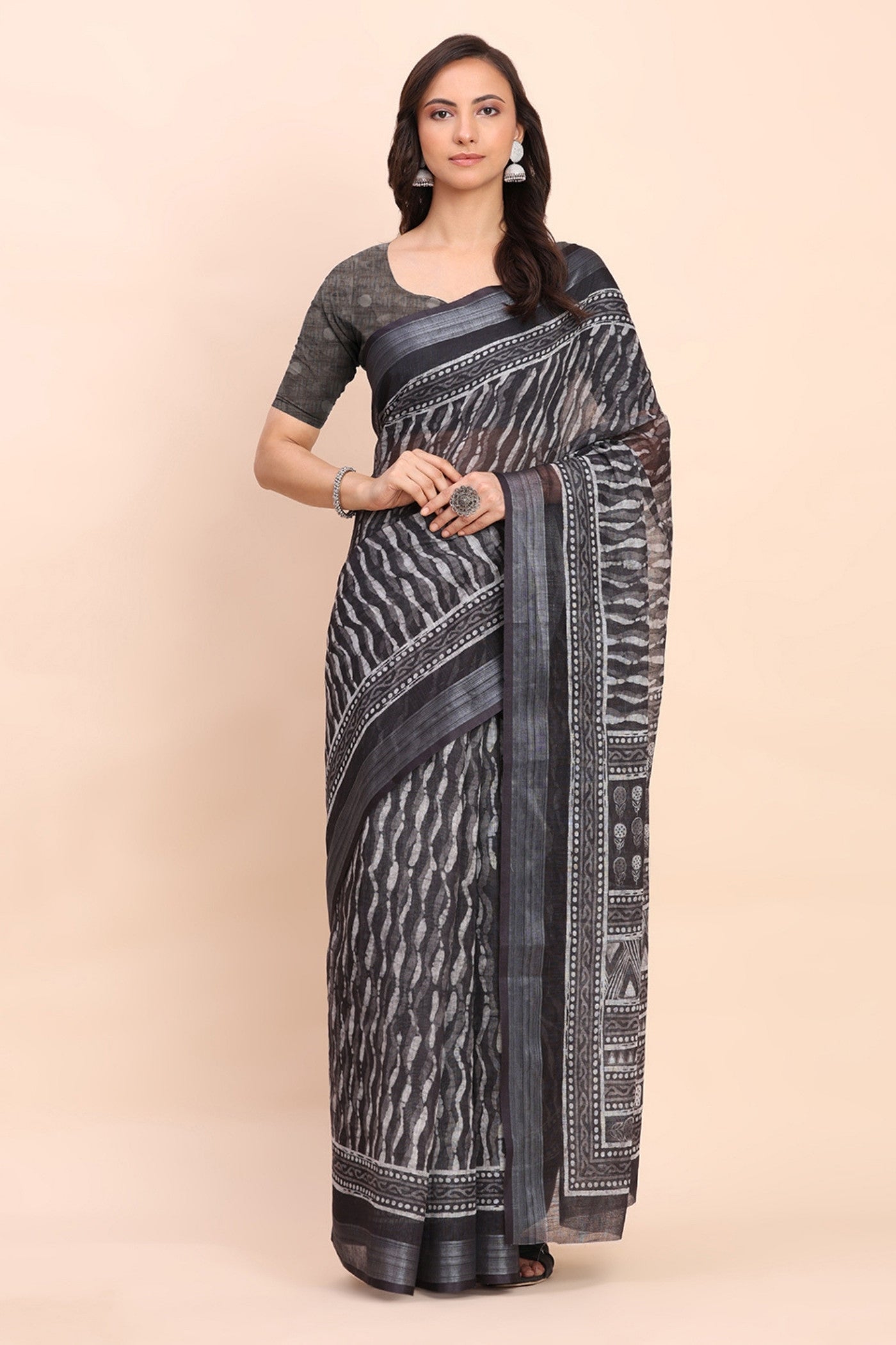 Buy MySilkLove Battleship Grey Woven Linen Cotton Saree Online