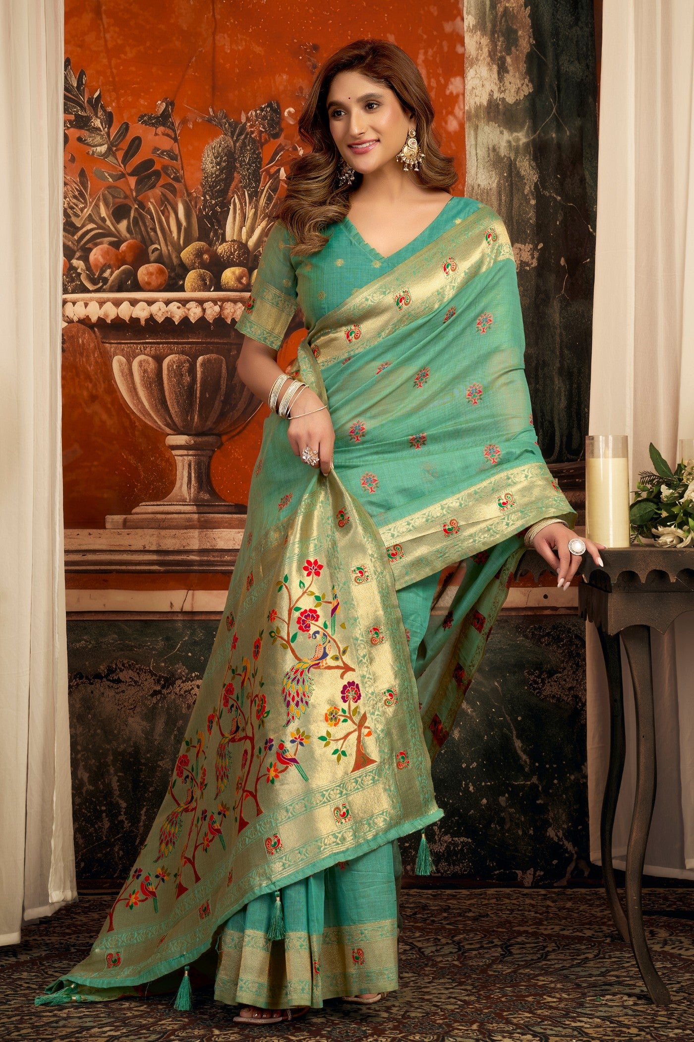 Buy MySilkLove Teal Green Zari Woven Paithani Saree Online