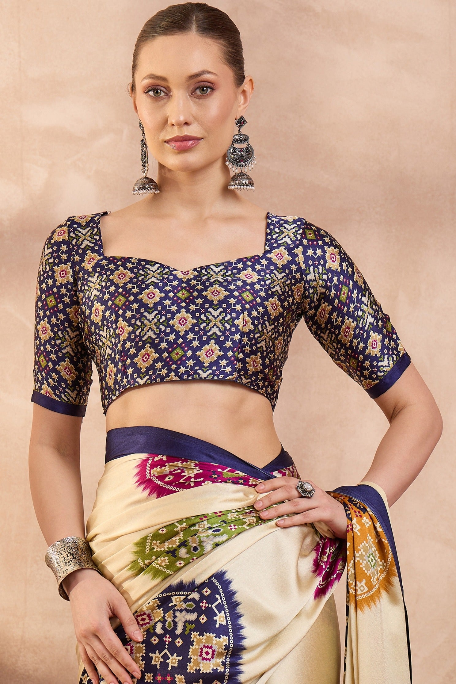 Buy MySilkLove Apricot Cream and Blue Modal Ajrakh Printed Silk Saree Online
