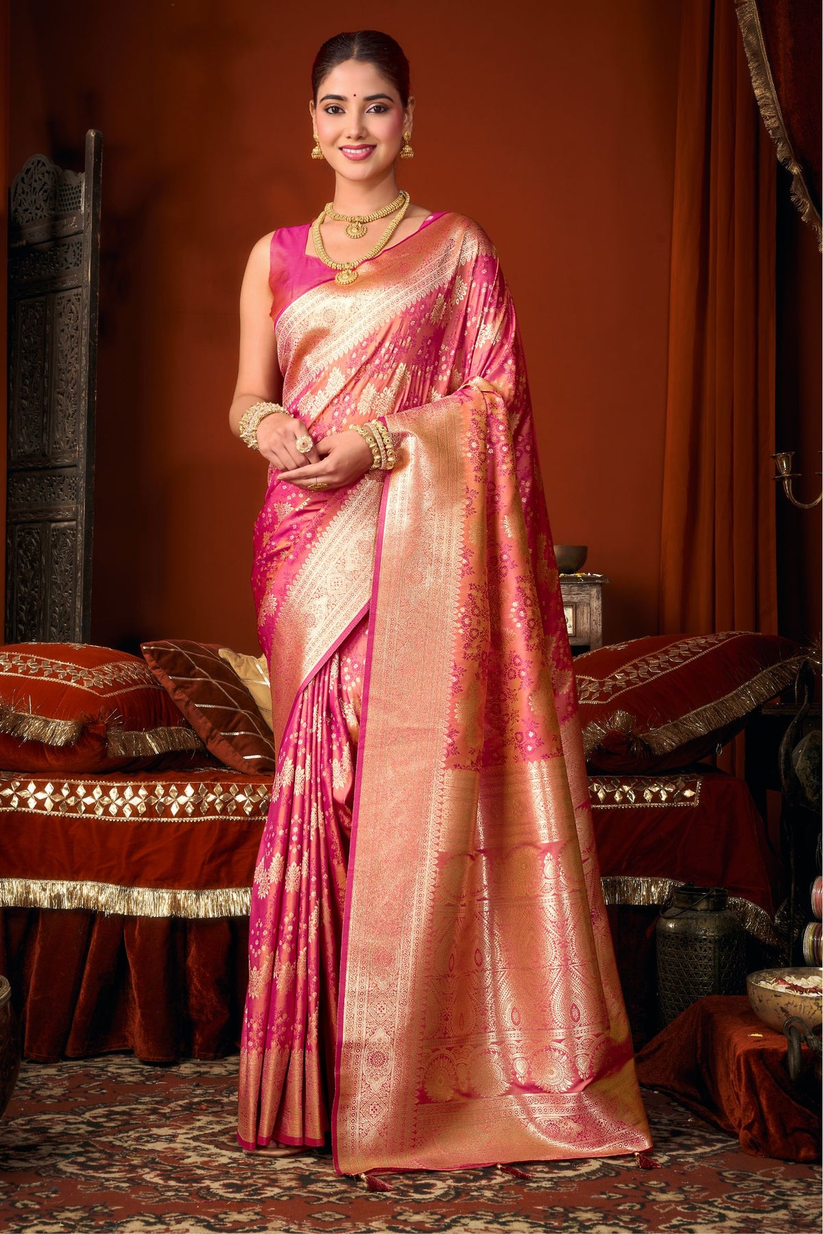 Buy MySilkLove Salmon Pink Woven Banarasi Jacquard Soft Silk Saree Online