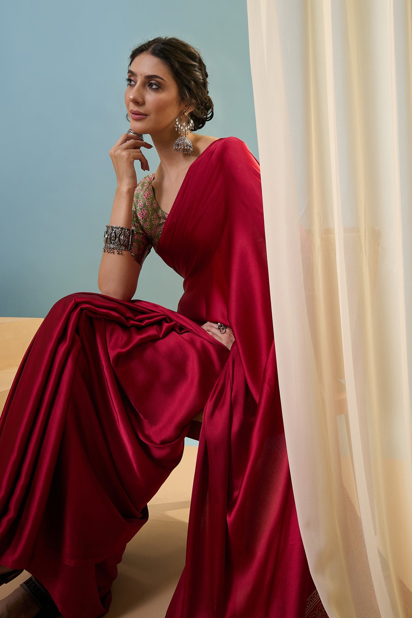 Buy MySilkLove Lumen Red Ajrakh Printed Satin Crepe Silk Saree Online