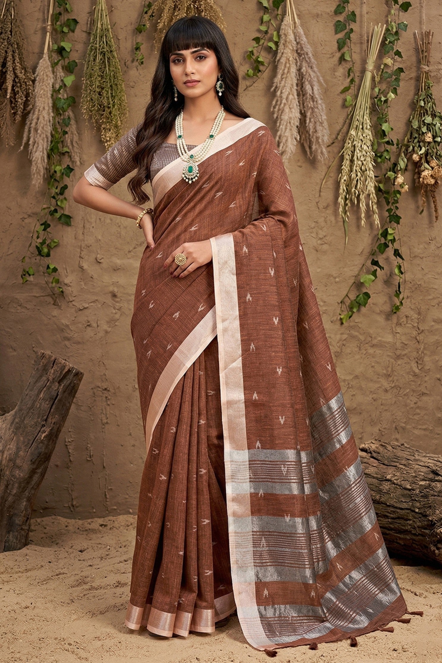 Buy MySilkLove Dark Wood Brown Woven Linen Cotton Saree Online