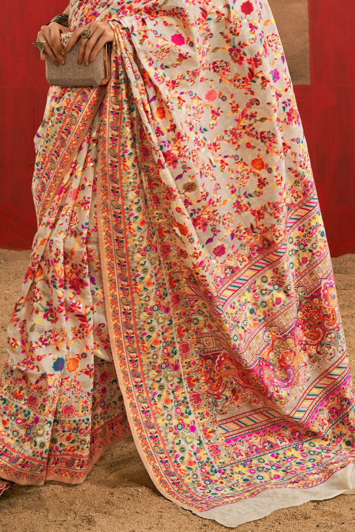 Buy MySilkLove Ivory Cream Kashmiri Handloom Jamewar Saree Online