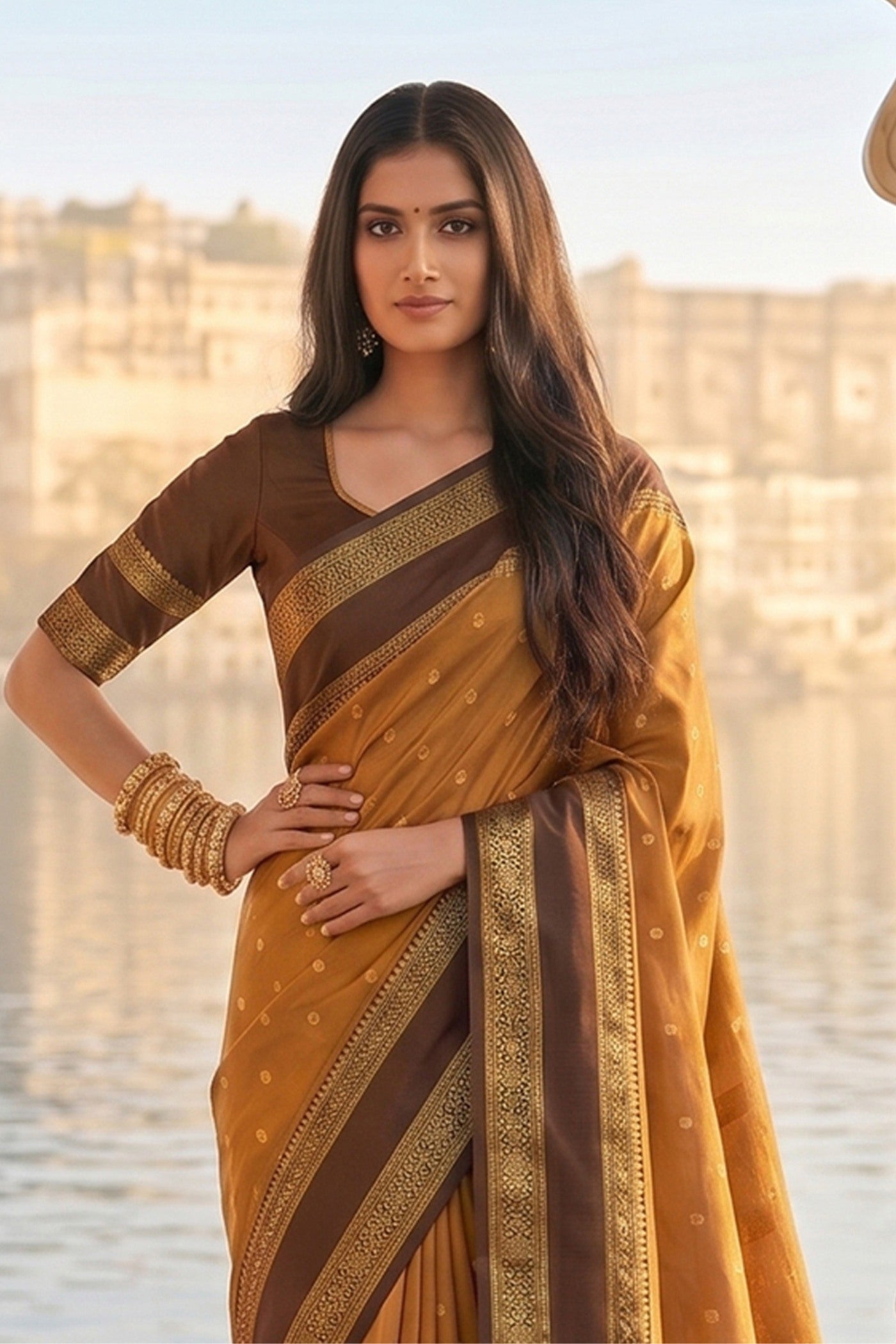 Buy MySilkLove Gold Yellow Woven Banarasi Saree Online