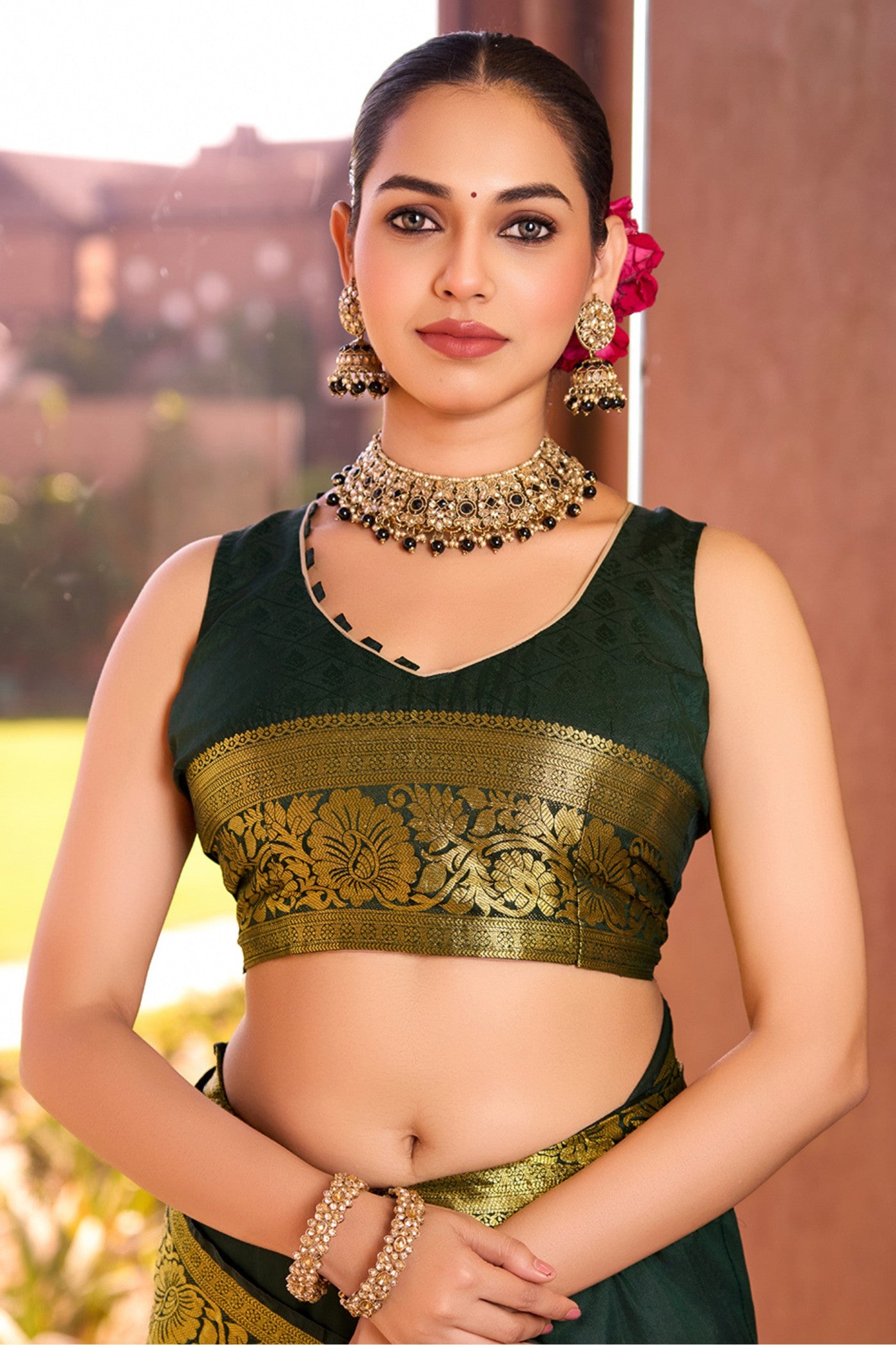 Buy MySilkLove Casal Green Woven Banarasi Saree Online