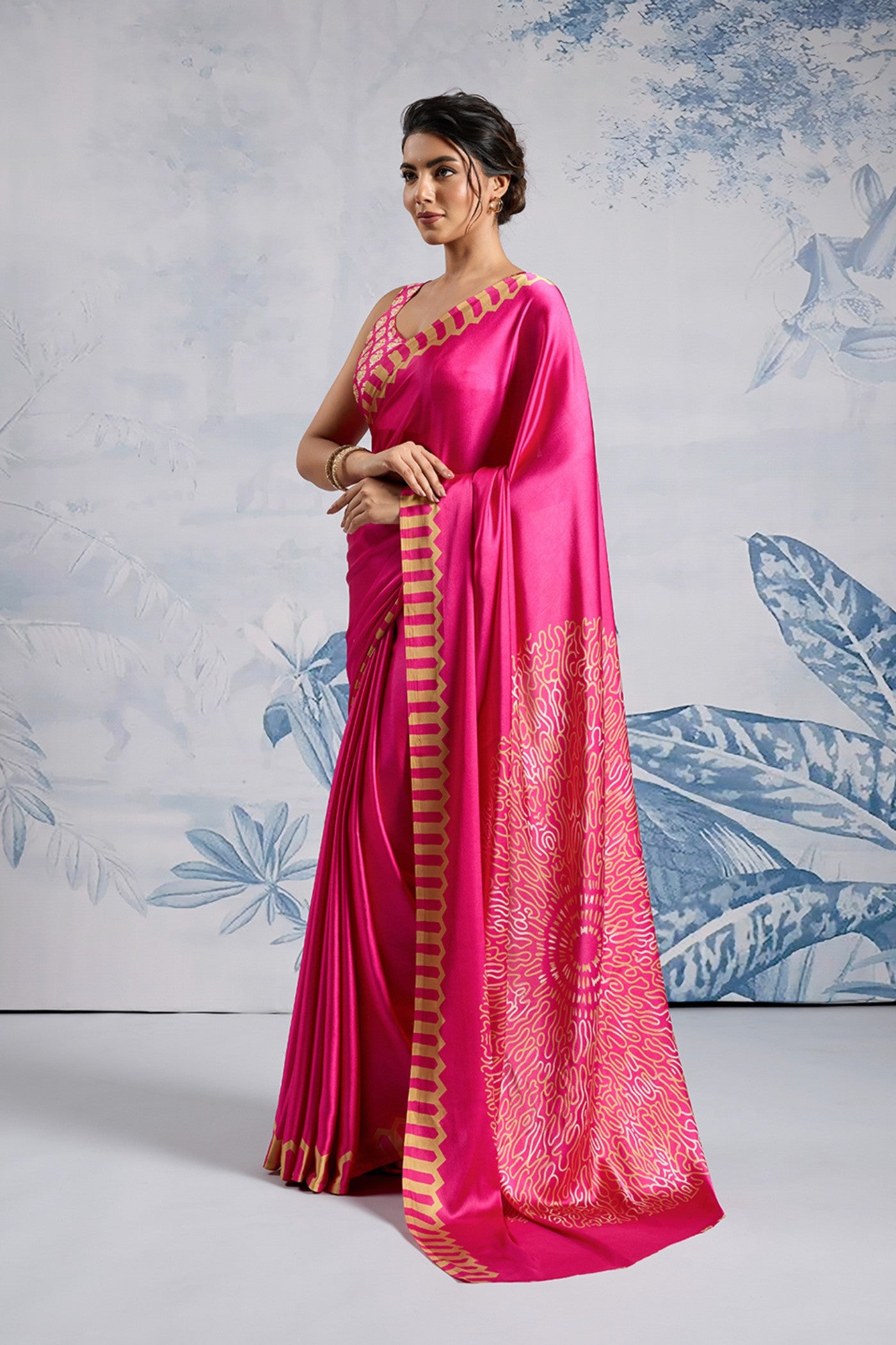 Buy MySilkLove Rani Pink Printed Satin Crepe Silk Saree Online