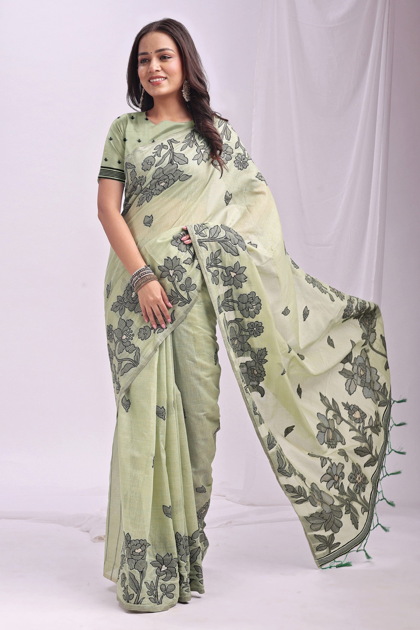 Buy MySilkLove Mint Green Woven Linen Cotton Saree Online