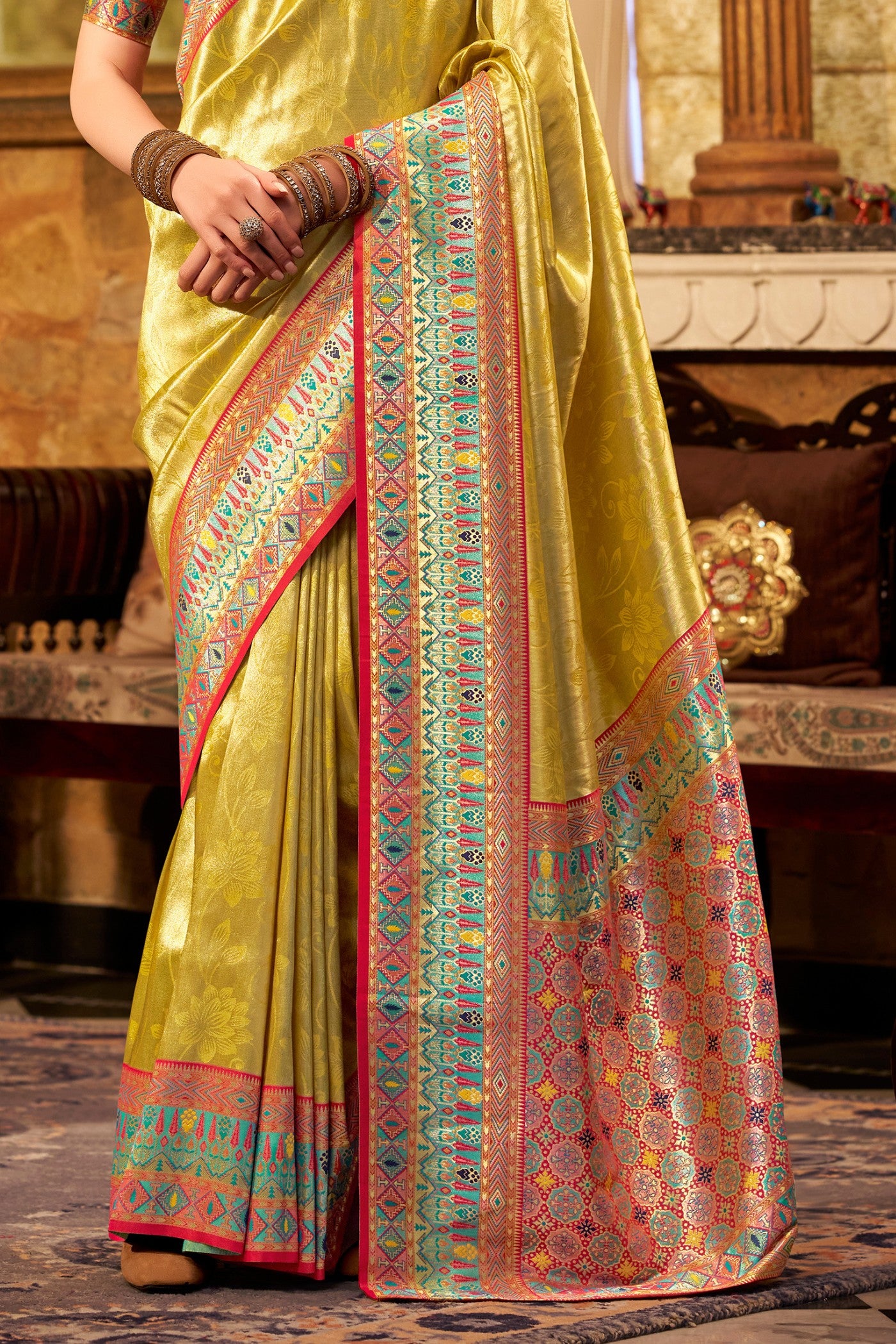 Buy MySilkLove Brass Yellow Zari Woven Tissue Silk Saree Online