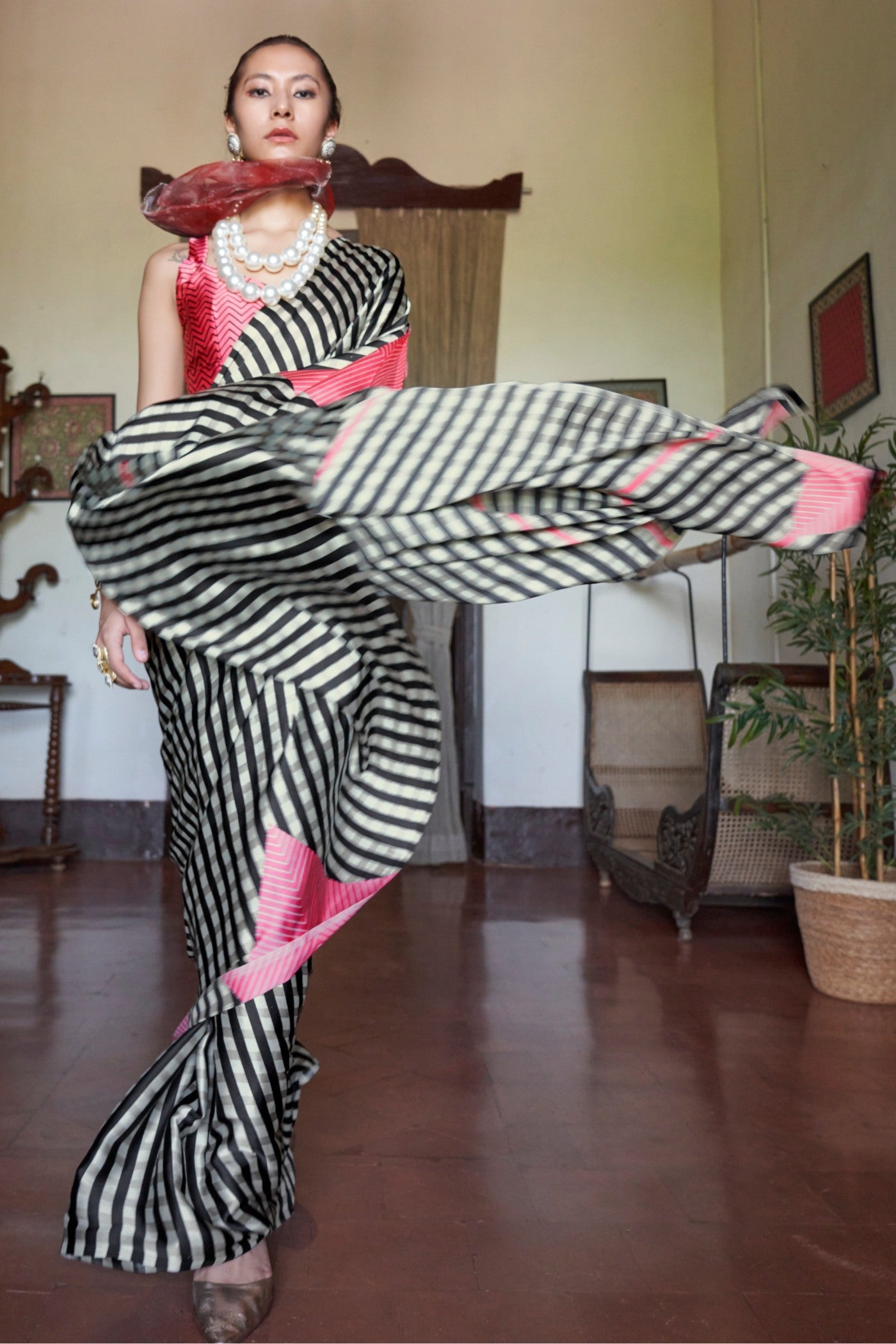 MySilkLove Tuna Black and White Stripes Printed Satin Crepe Silk Saree