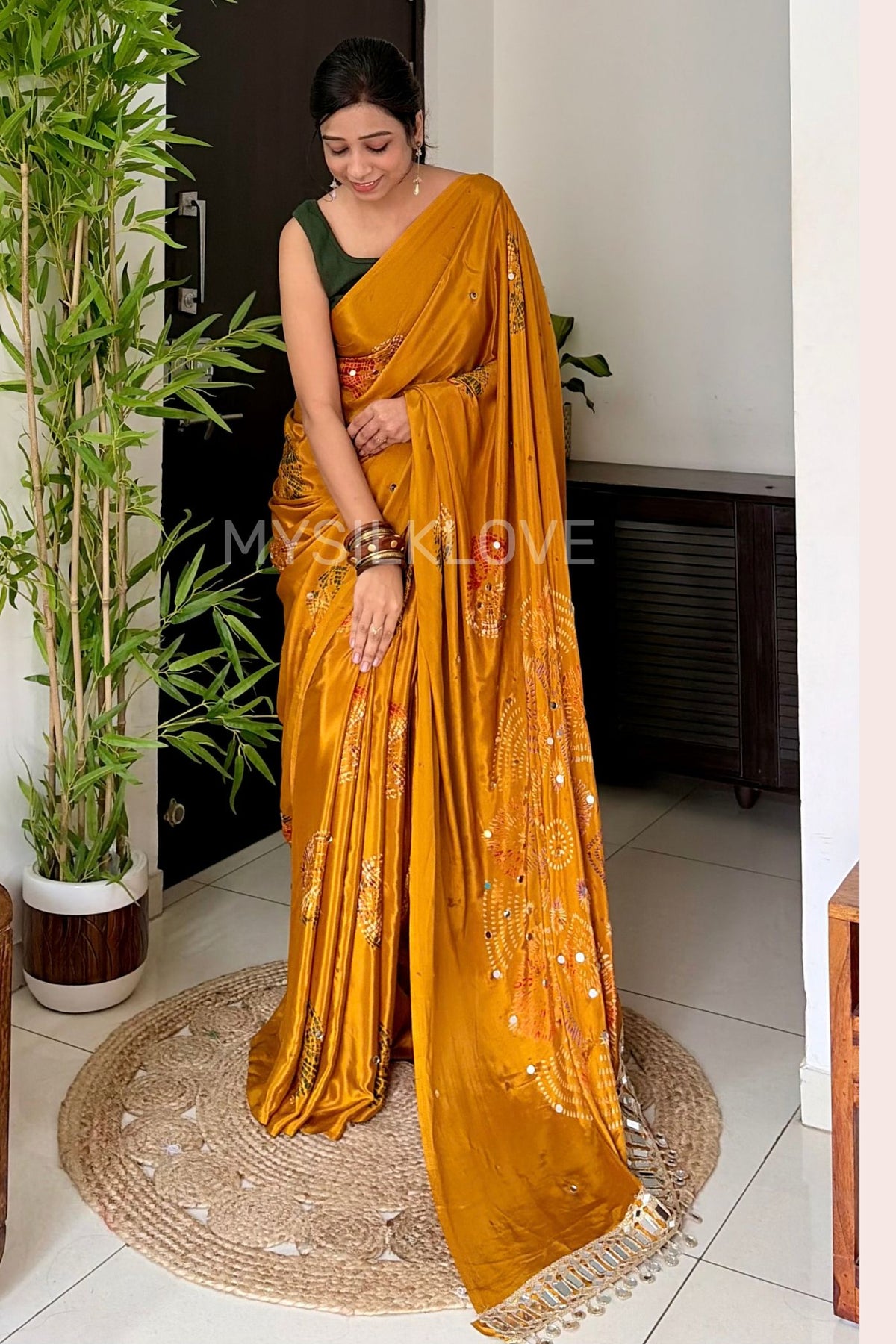 Buy MySilkLove Antique Yellow Satin Printed Bandhani Mirror Work Saree — Buy Online | MySilkLove Online
