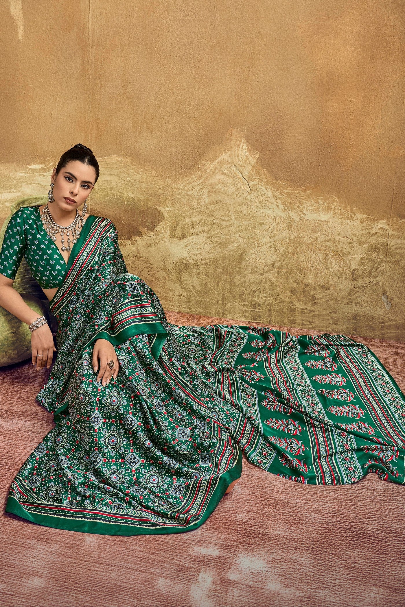 Buy MySilkLove Grass Green Modal Ajrakh Satin Printed Silk Saree Online