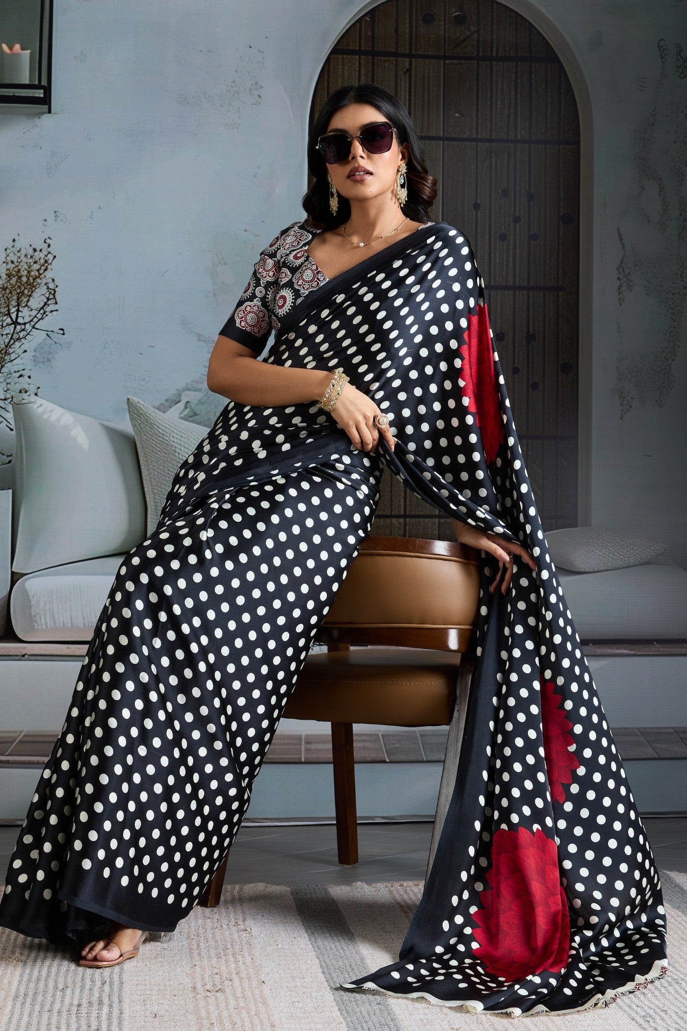 Buy MySilkLove Outer Black Printed Polka Dots Satin Crepe Saree Online