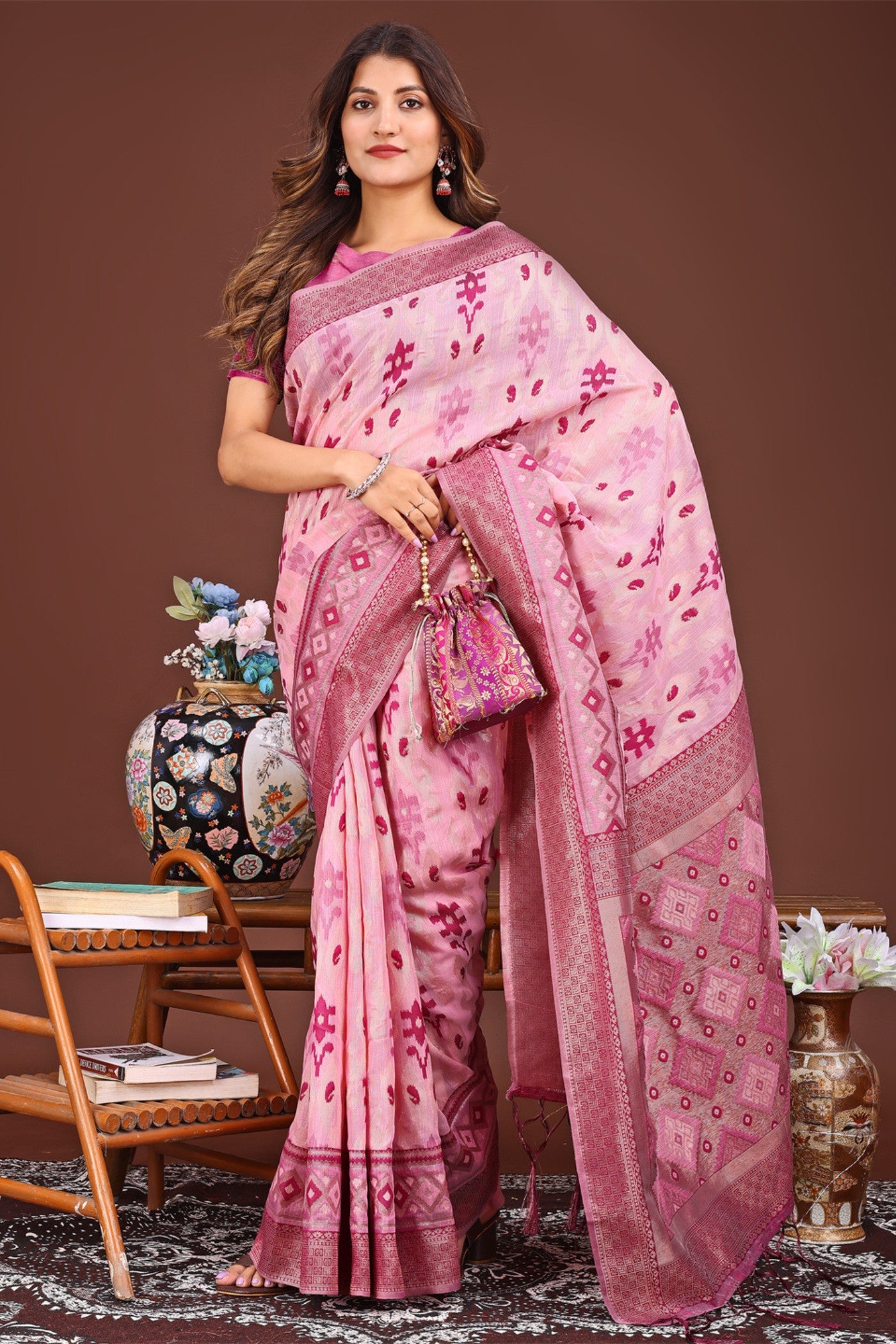 Buy MySilkLove Cameo Pink Woven Linen Cotton Saree Online