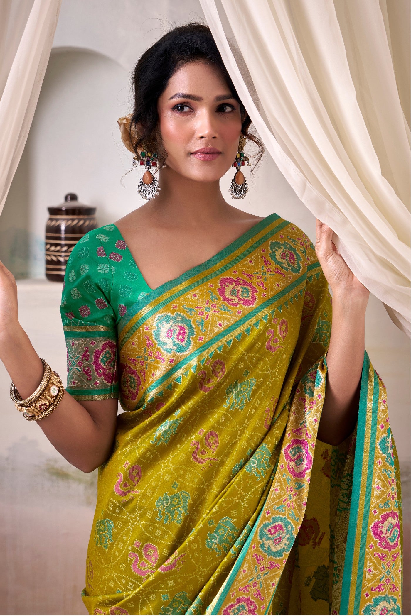 Buy MySilkLove Volt Green Woven Patola Silk Saree Online