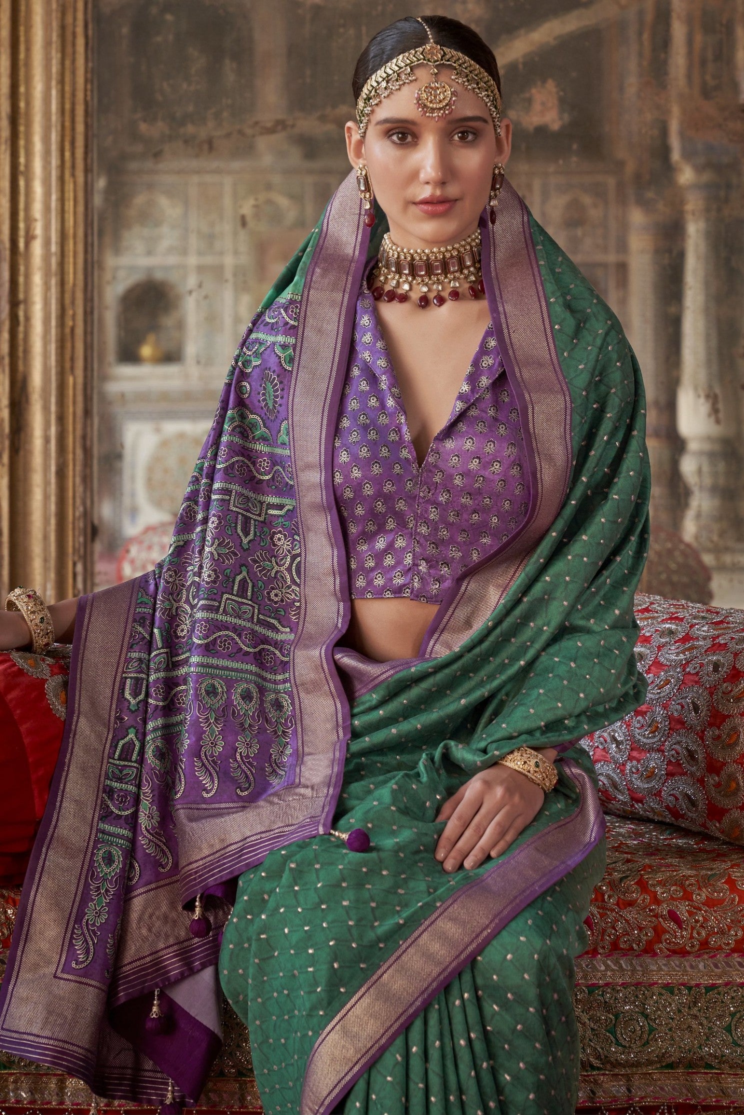 Buy MySilkLove Dianne Green Printed Banarasi Saree Online