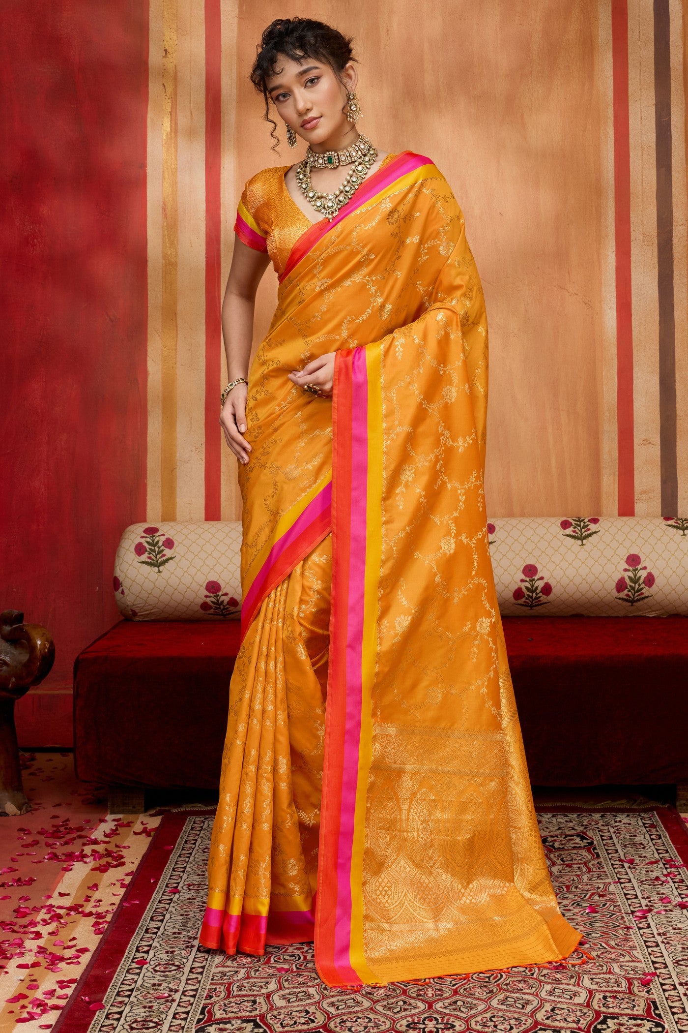 Buy MySilkLove Marigold Orange Handloom Satin Soft Silk Saree Online