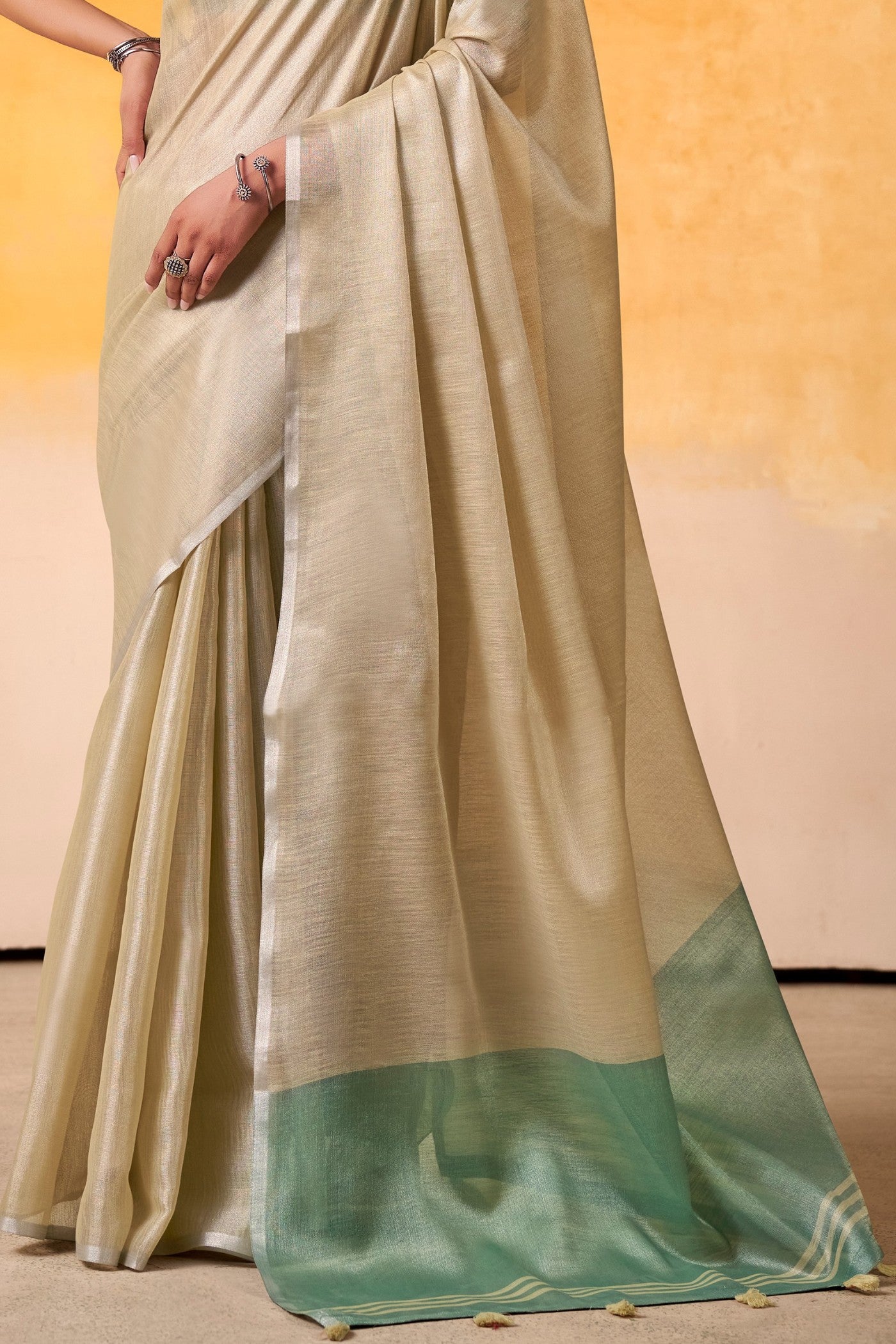 Buy MySilkLove Salt Cream and Green Woven Tissue Silk Saree Online