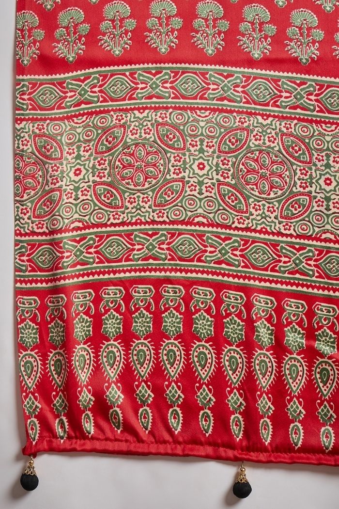 Buy MySilkLove Bismark Blue and Red Ajrakh Printed Satin Gaji Silk Saree Online