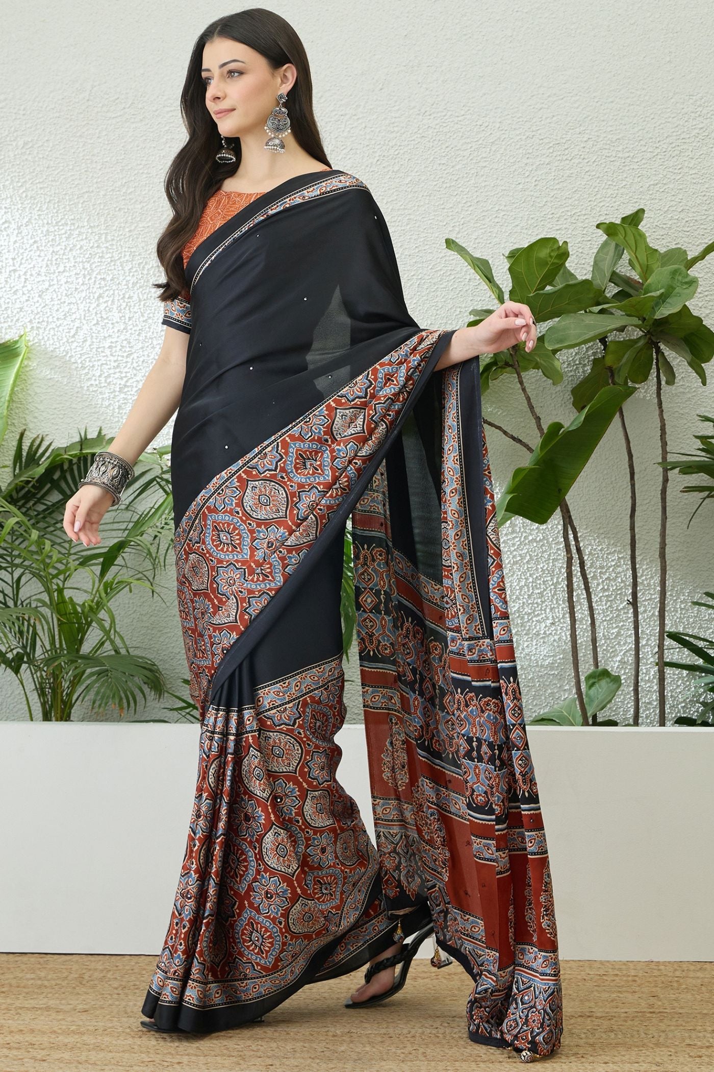 Buy MySilkLove Noir Black and Orange Modal Ajrakh Satin Printed Silk Saree Online