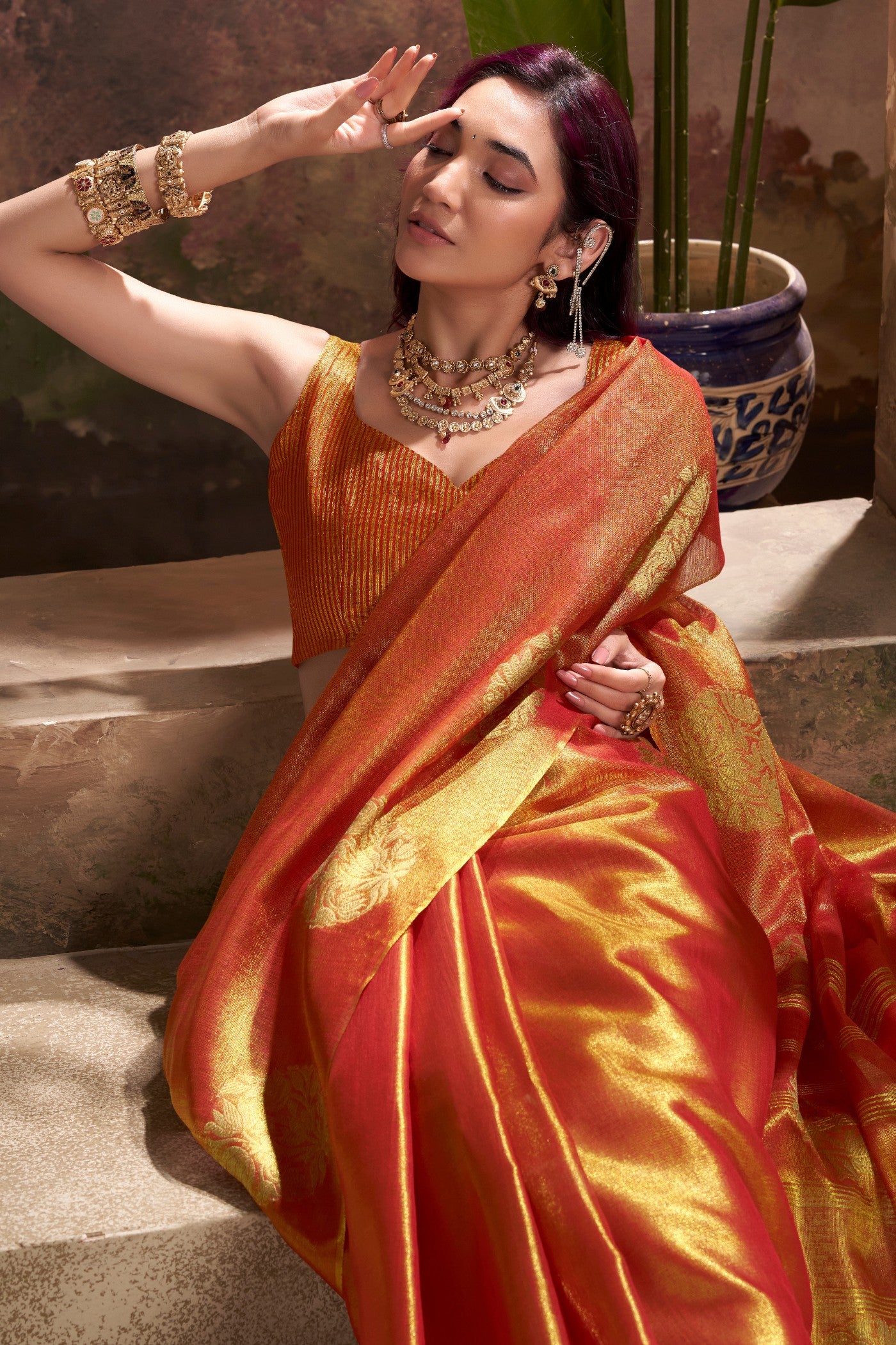 Buy MySilkLove Cider Orange Woven Tissue Saree Online