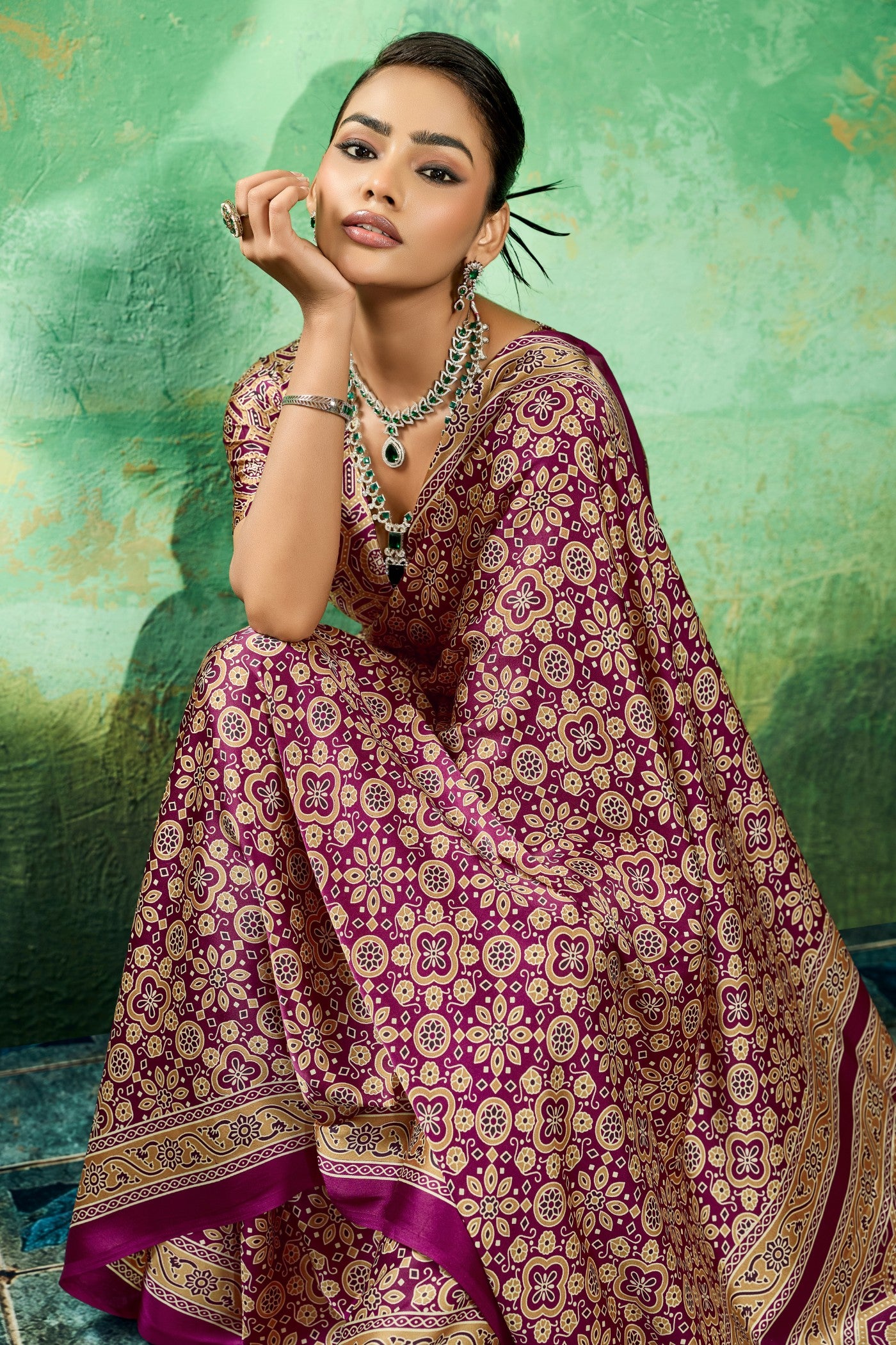 Buy MySilkLove Royal Garnet Purple Modal Ajrakh Satin Printed Silk Saree Online