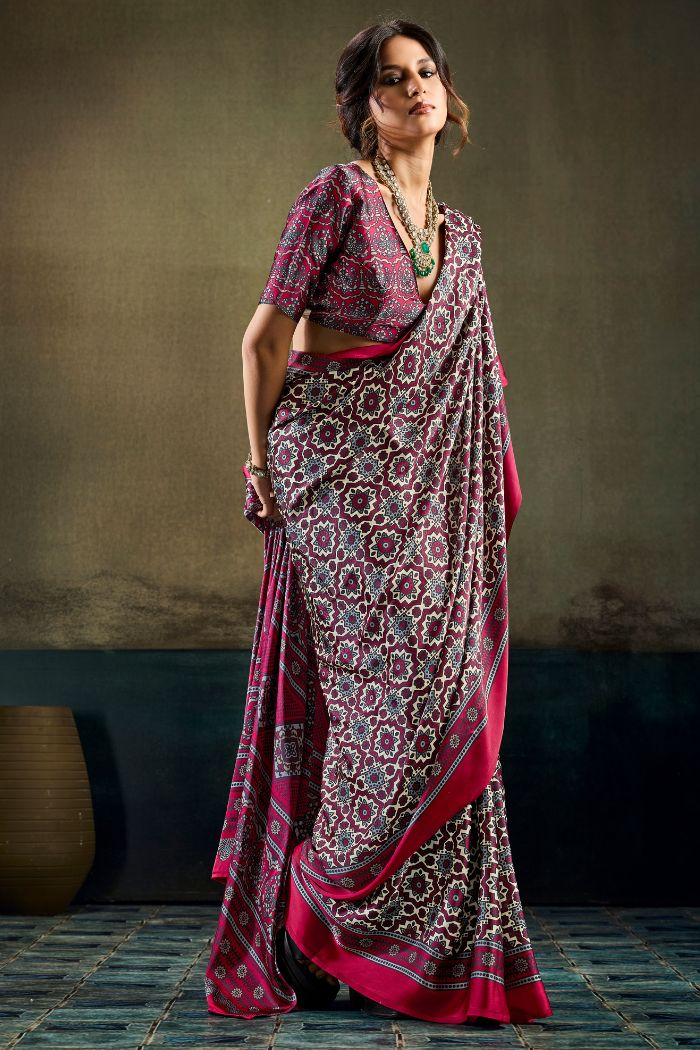 Buy MySilkLove Elegant Maroon Modal Ajrakh Satin Printed Silk Saree Online
