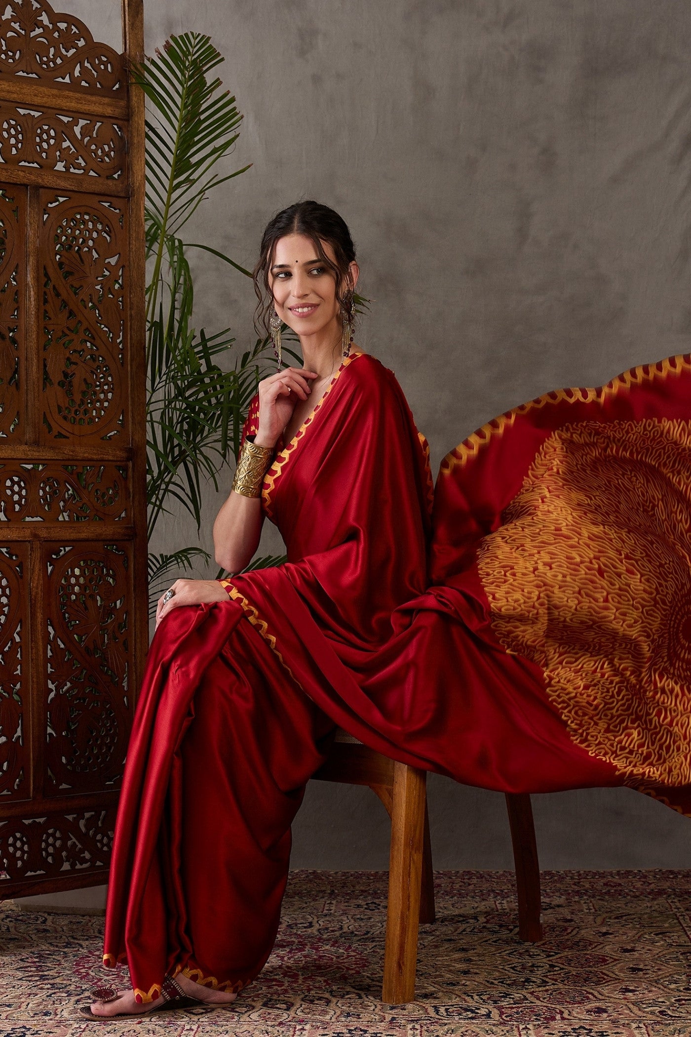 Buy MySilkLove Fire Red Printed Satin Gaji Silk Saree Online