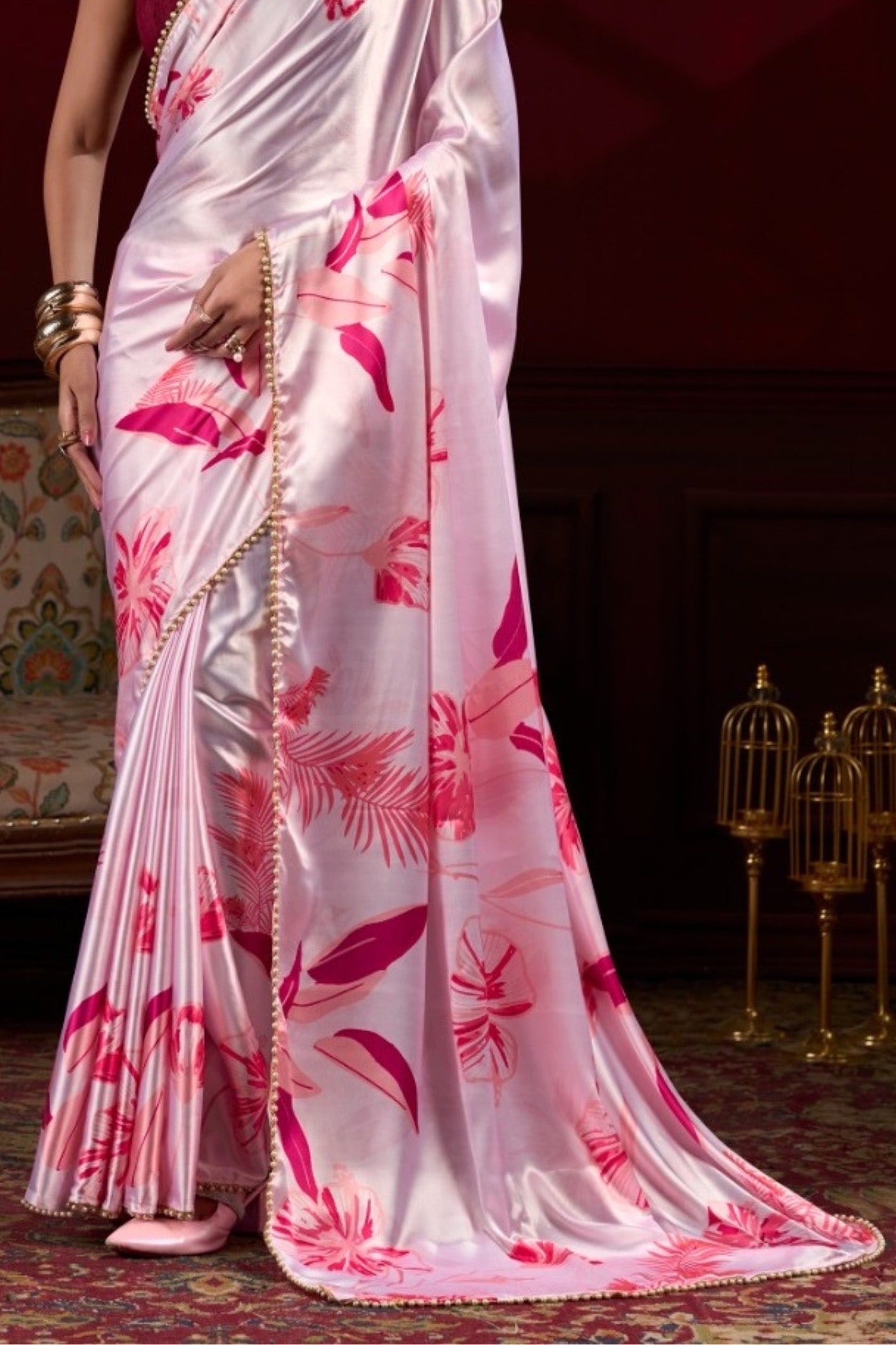 Buy MySilkLove Fluorescent Pink Floral Printed Satin Silk Saree Online