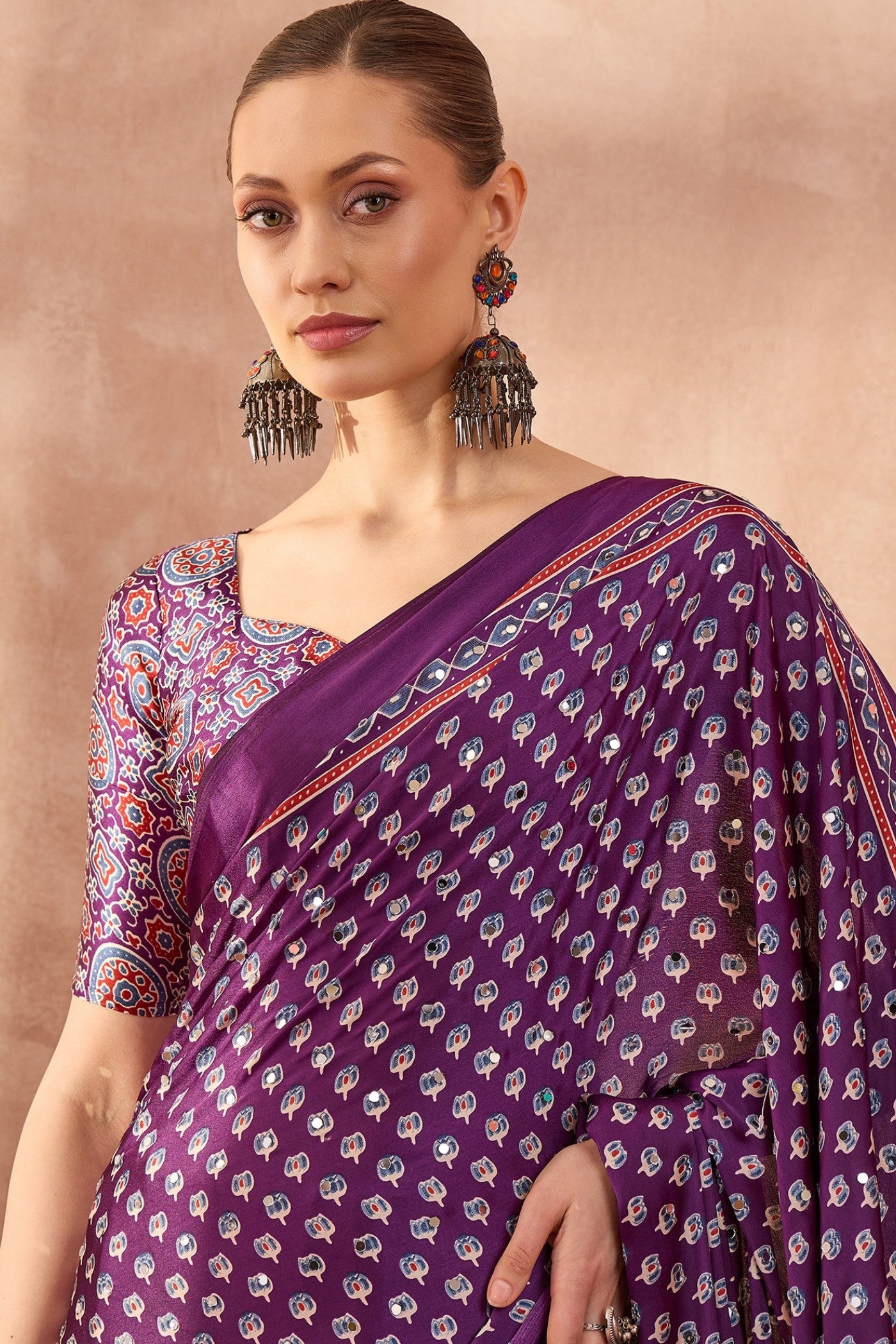 Buy MySilkLove Fuchsia Purple Modal Ajrakh Satin Printed Silk Saree Online