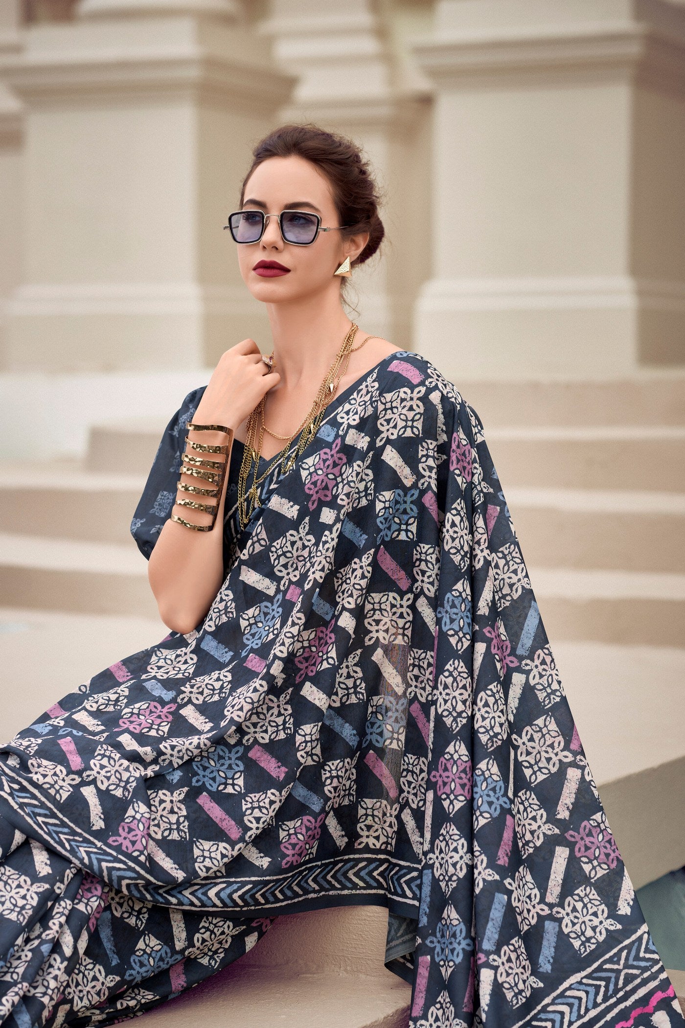 MySilkLove Gun Powder Blue Mul Mul Cotton Saree