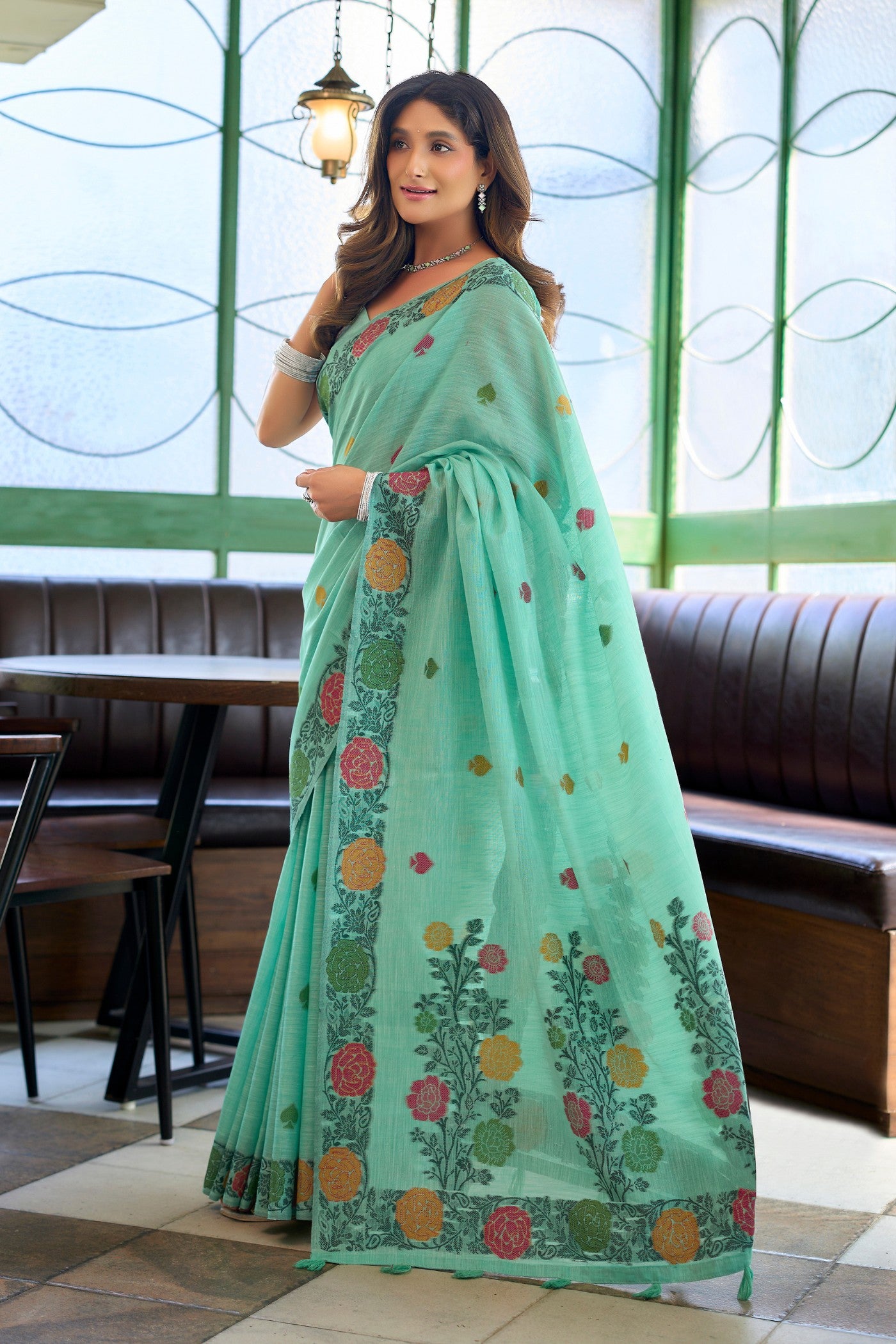 Buy MySilkLove Spring Green Floral Handloom Linen Saree Online