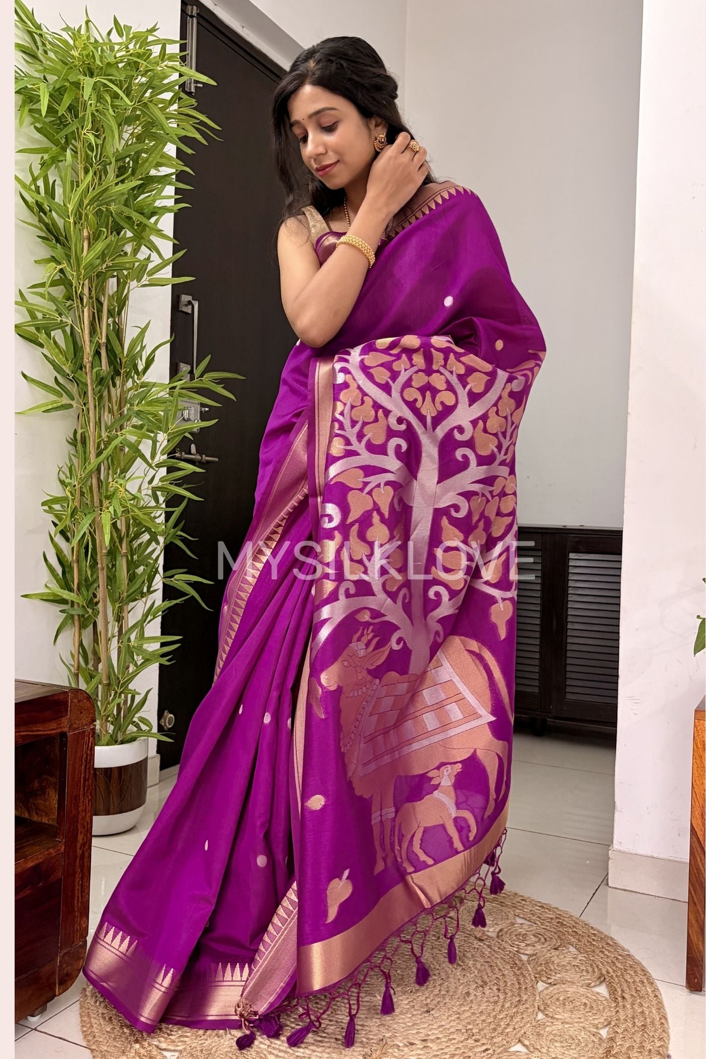 MySilkLove Dark Pink Pichwai Woven temple border Pure Cotton Silk Saree
