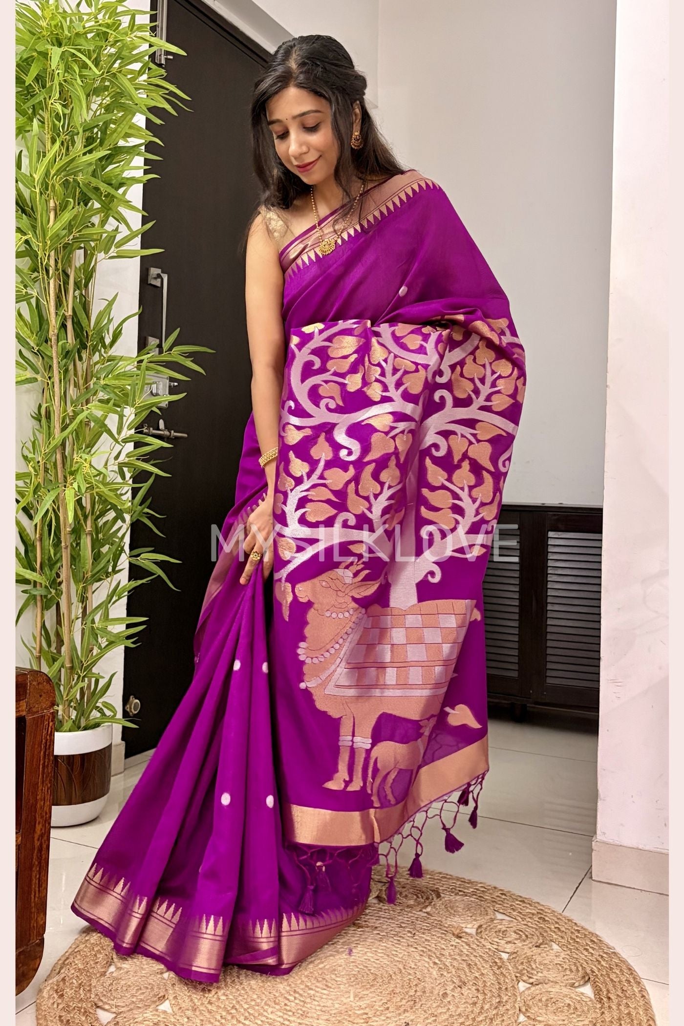 Buy MySilkLove Dark Pink Pichwai Woven temple border Pure Cotton Silk Saree Online