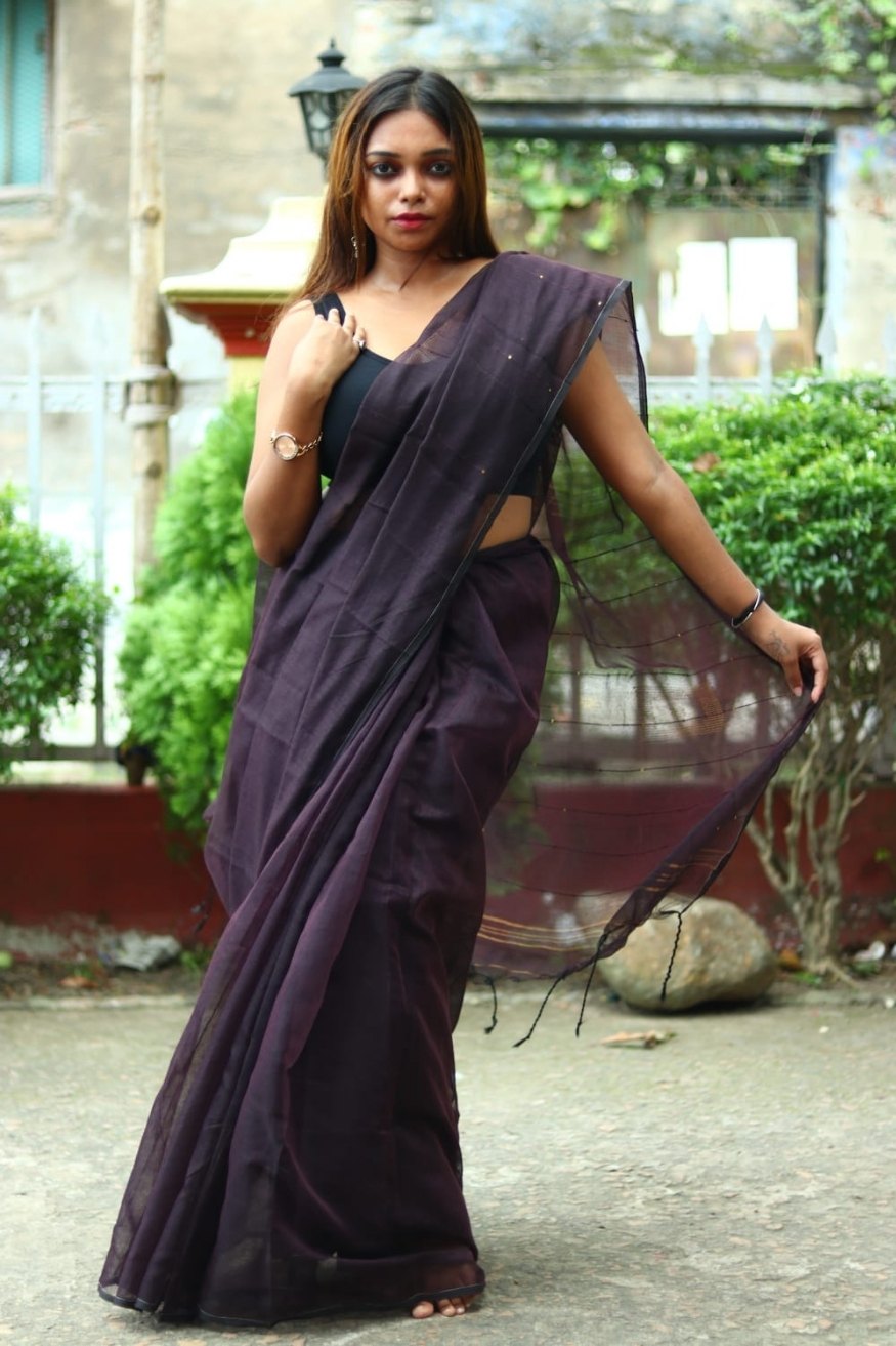 Buy MySilkLove Cod Black Cotton Sequence Chumki Saree Online