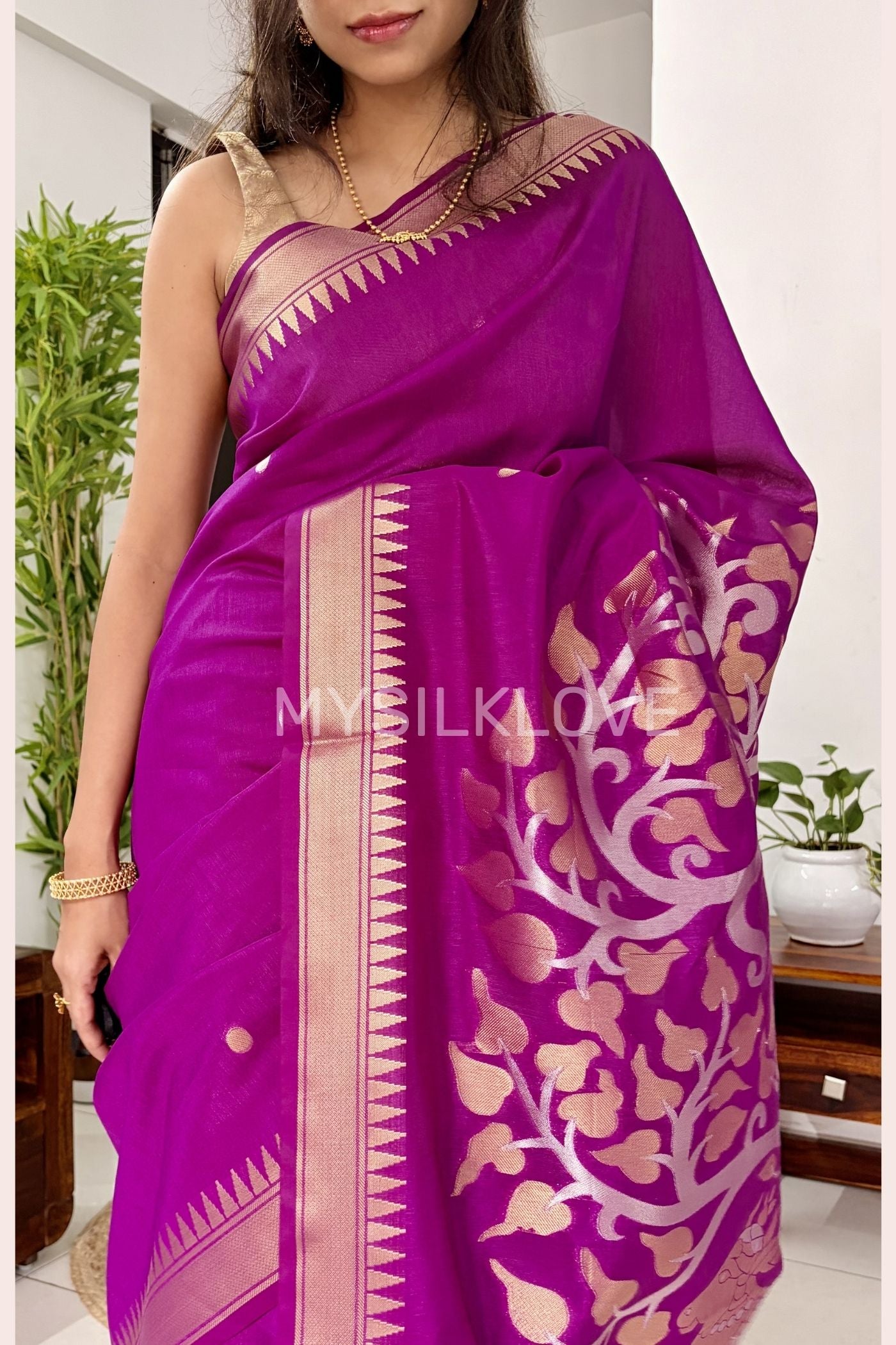 Buy MySilkLove Dark Pink Pichwai Woven temple border Pure Cotton Silk Saree Online