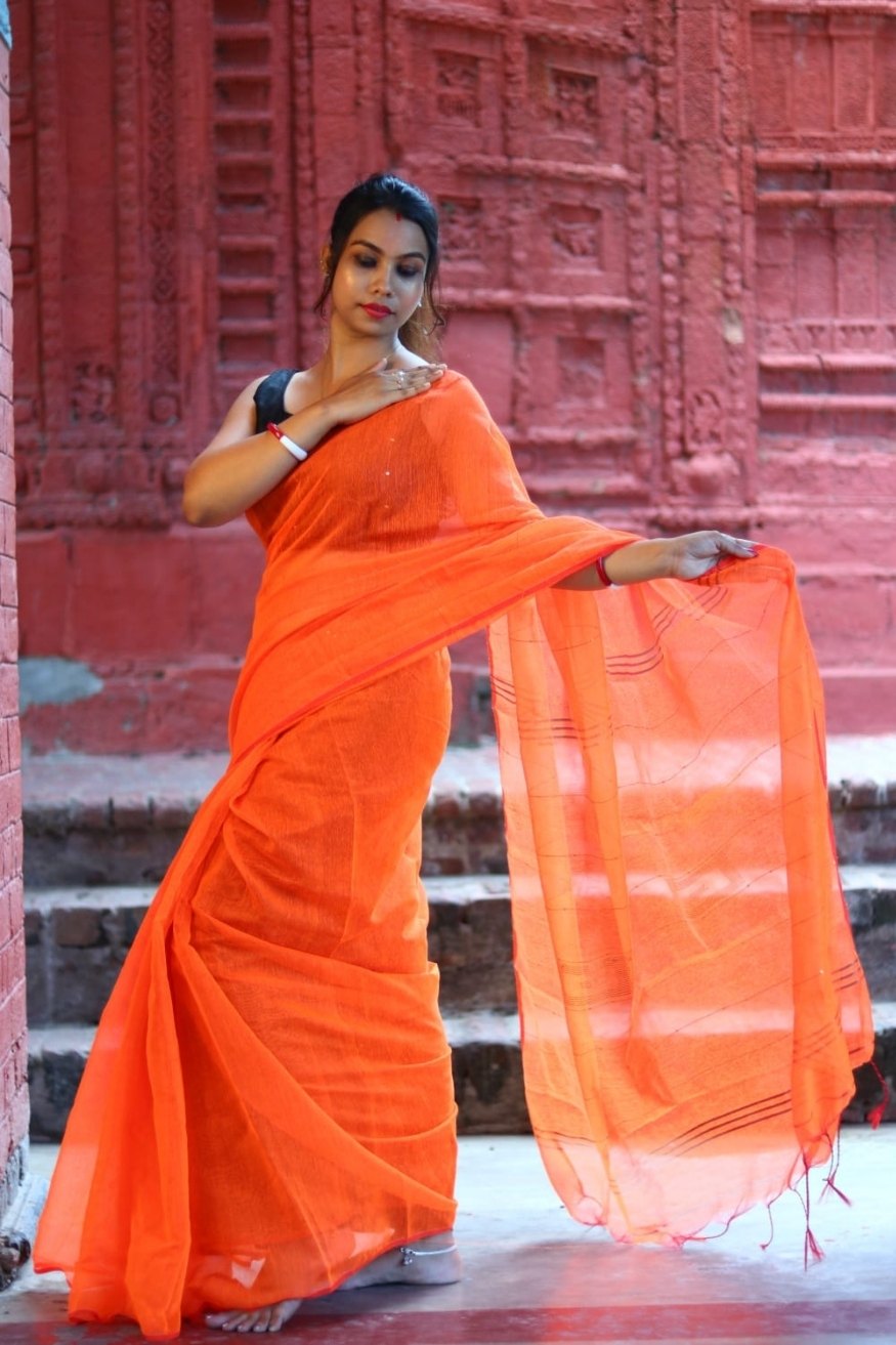 Buy MySilkLove Outrageous Orange Cotton Sequence Chumki Saree Online