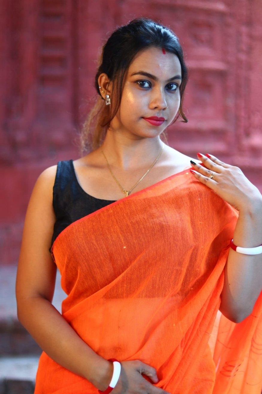 Buy MySilkLove Outrageous Orange Cotton Sequence Chumki Saree Online