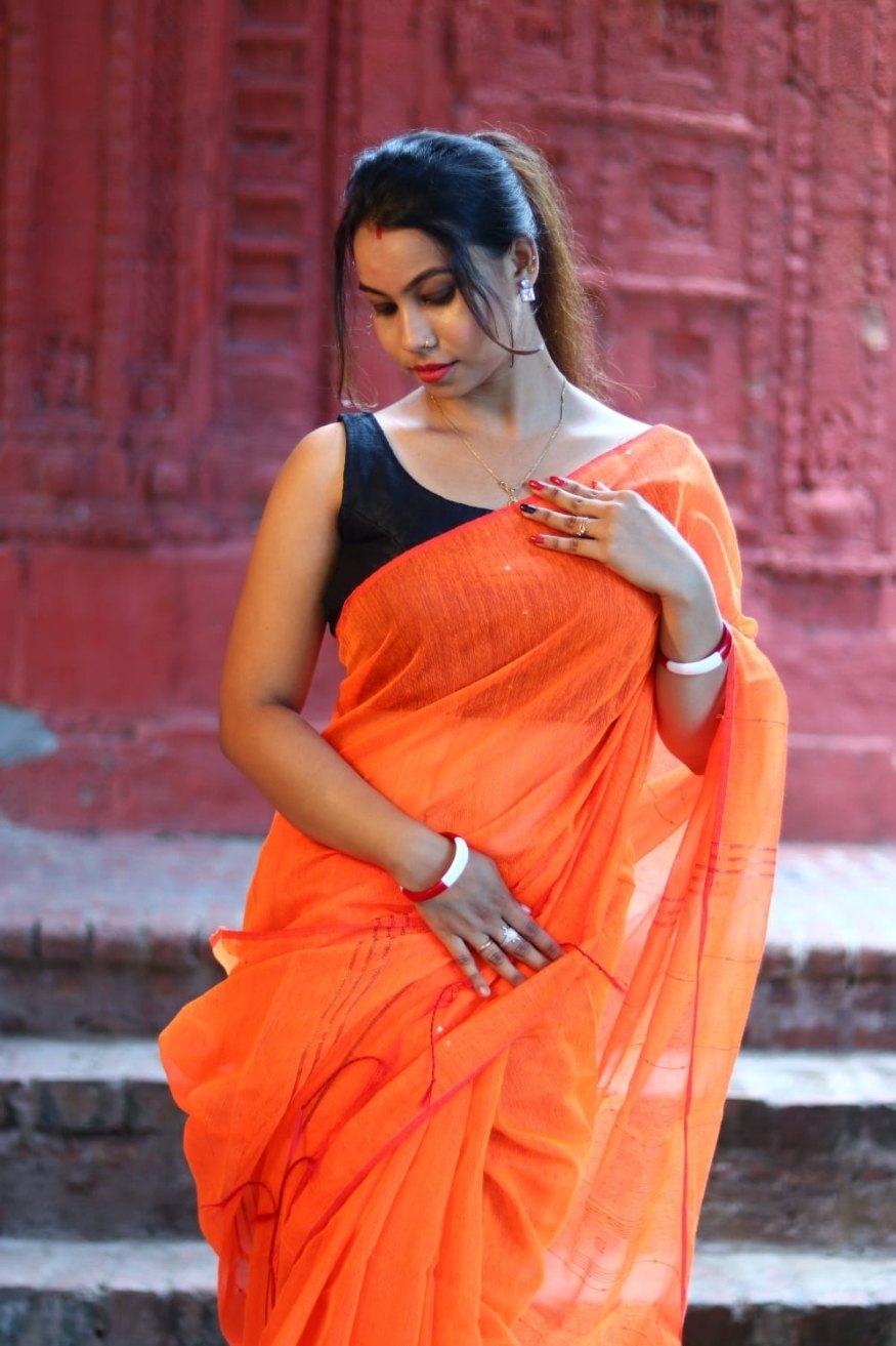 Buy MySilkLove Outrageous Orange Cotton Sequence Chumki Saree Online