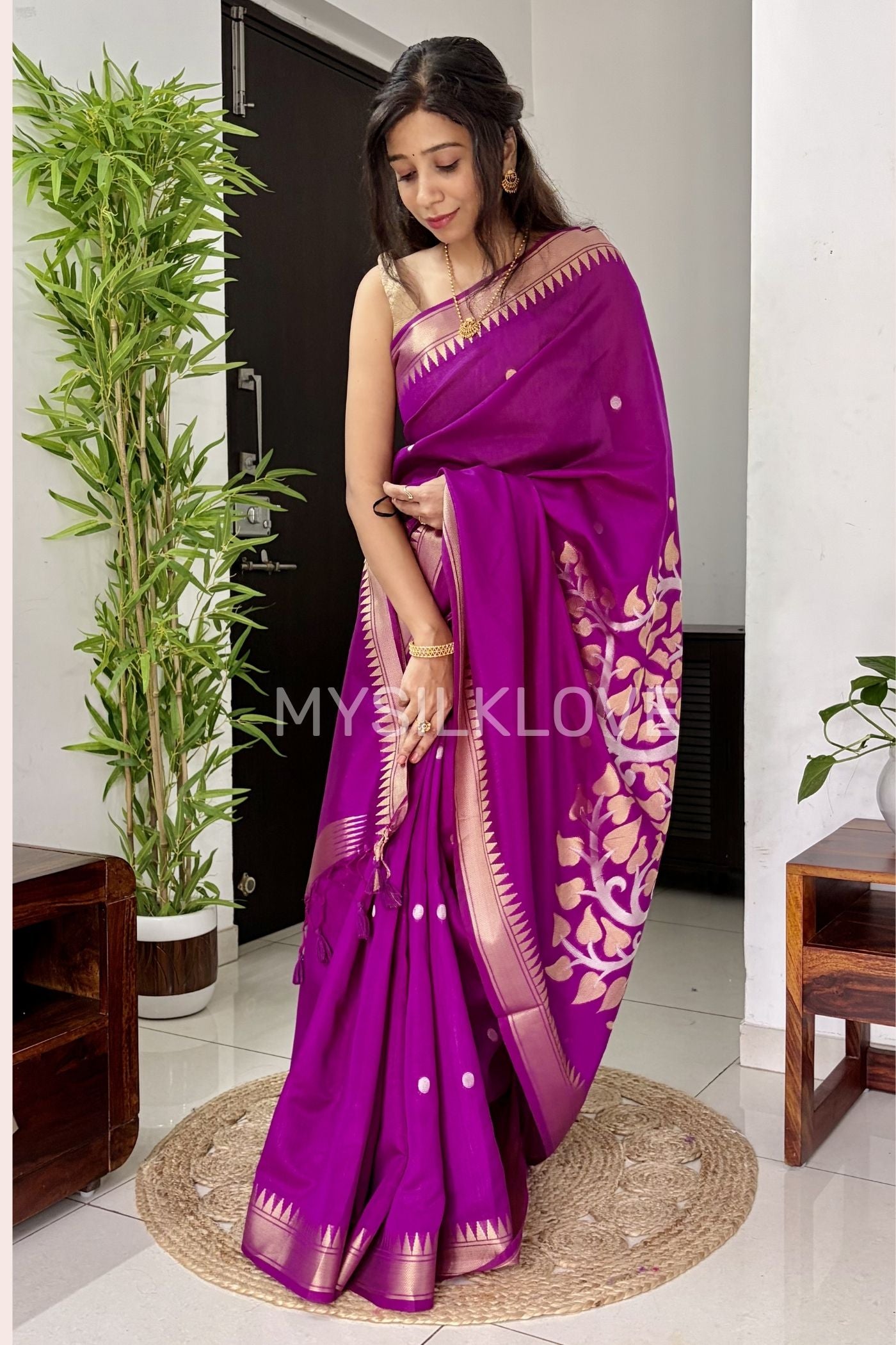 Buy MySilkLove Dark Pink Pichwai Woven temple border Pure Cotton Silk Saree Online