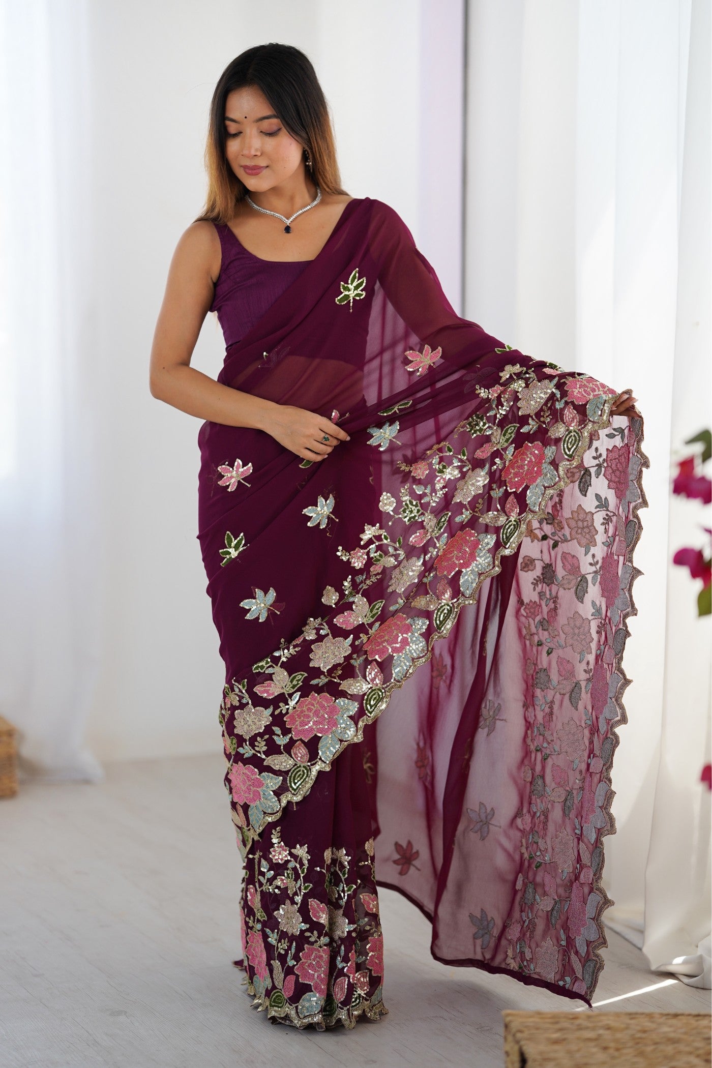 Buy MySilkLove Wine Purple Georgette Partwaer Saree Online