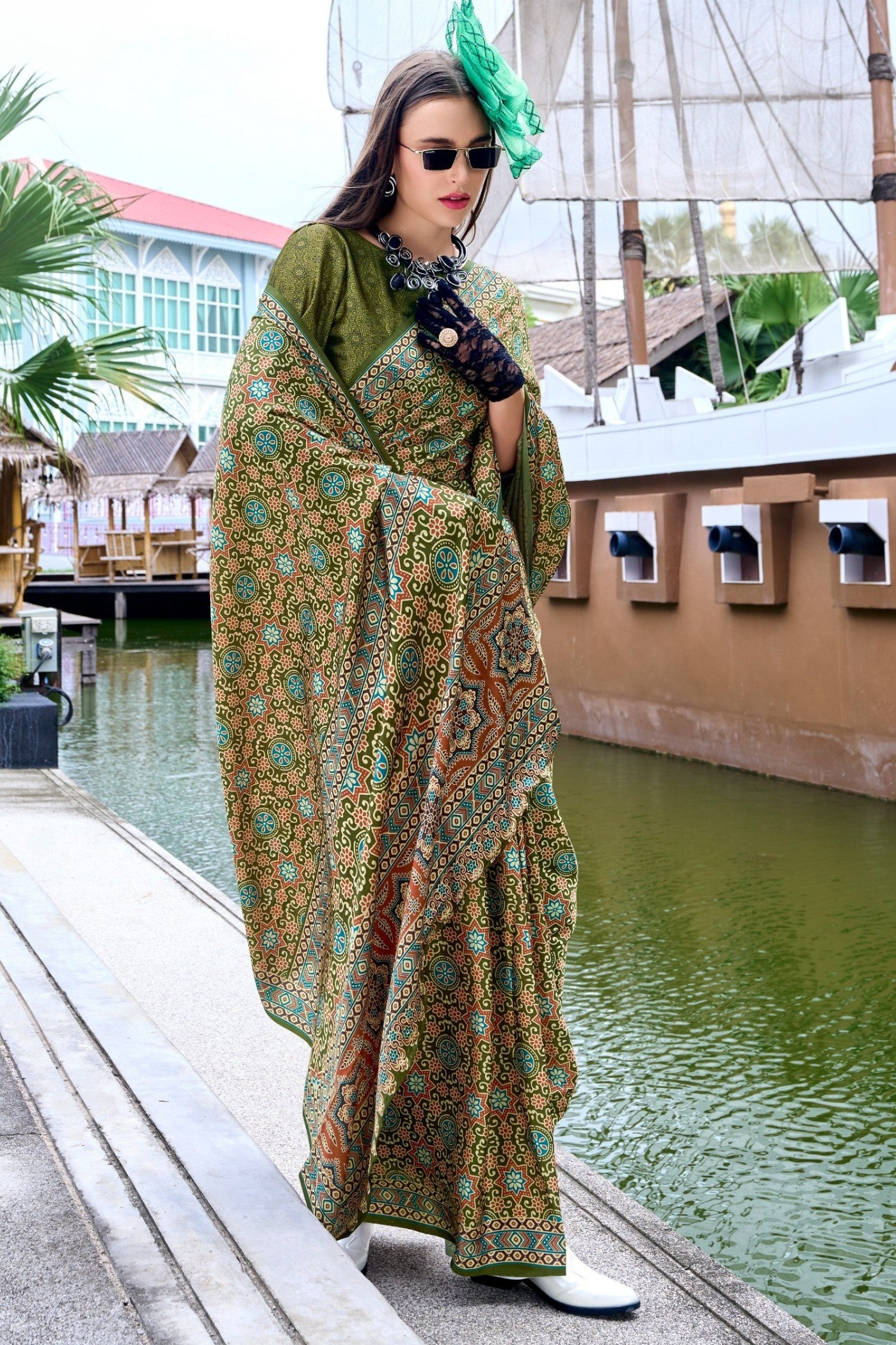 Buy MySilkLove Army Green Ajrakh Printed Satin Crepe Silk Saree Online
