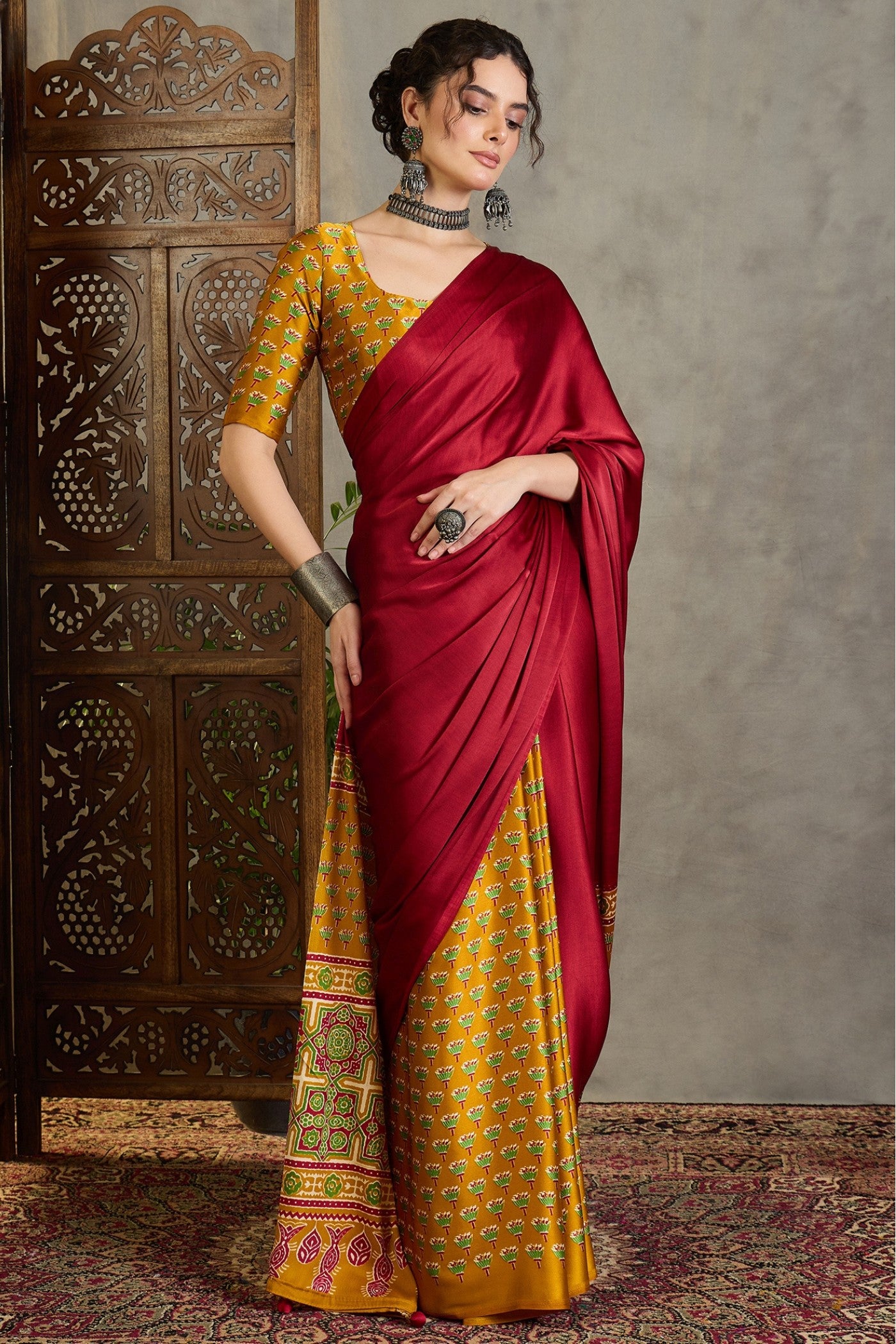 Buy MySilkLove Brick Red and Yellow Ajrakh Printed Satin Crepe Silk Saree Online