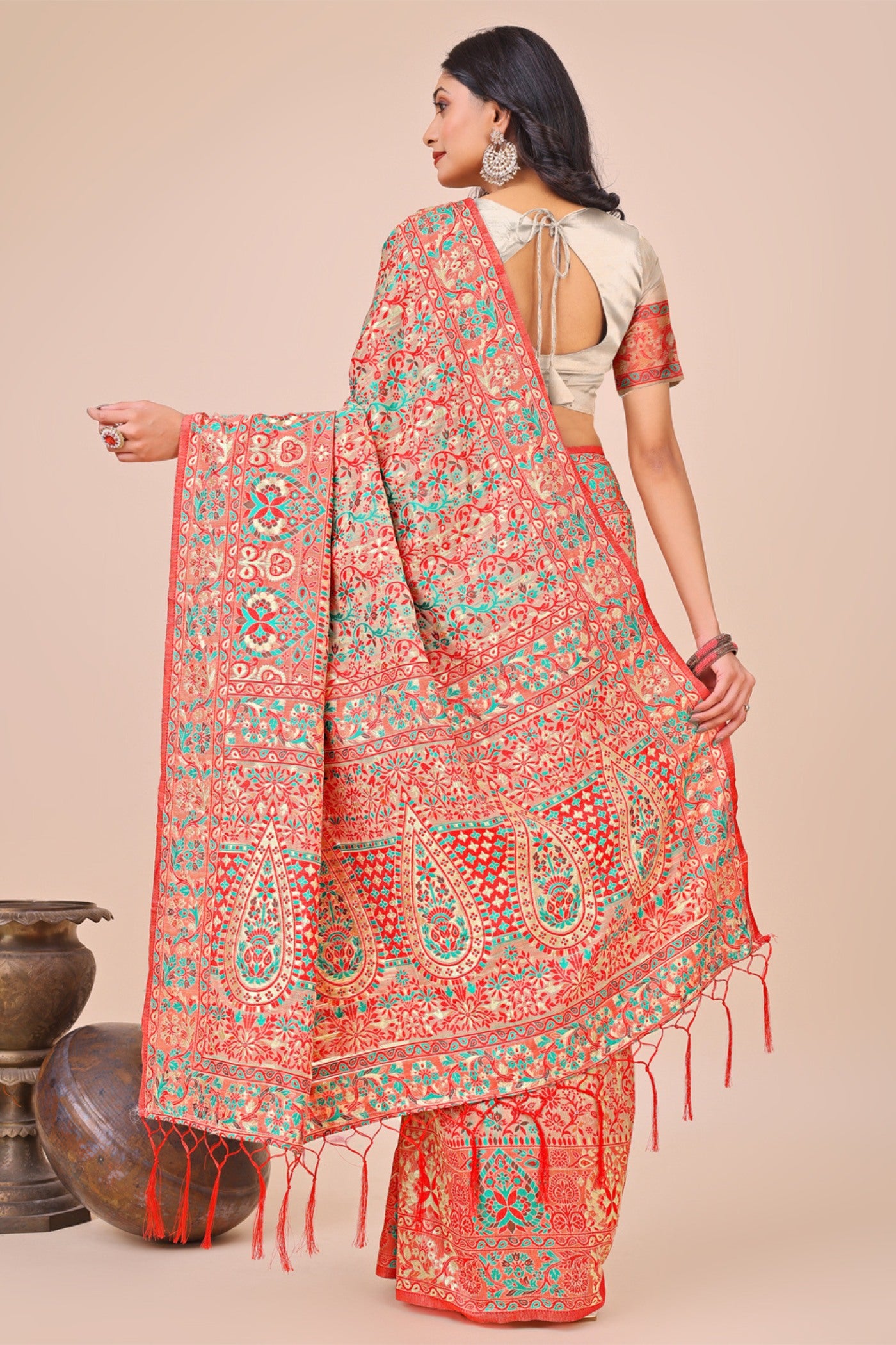 Buy MySilkLove Mandy Peach Woven Pashmina Saree Online
