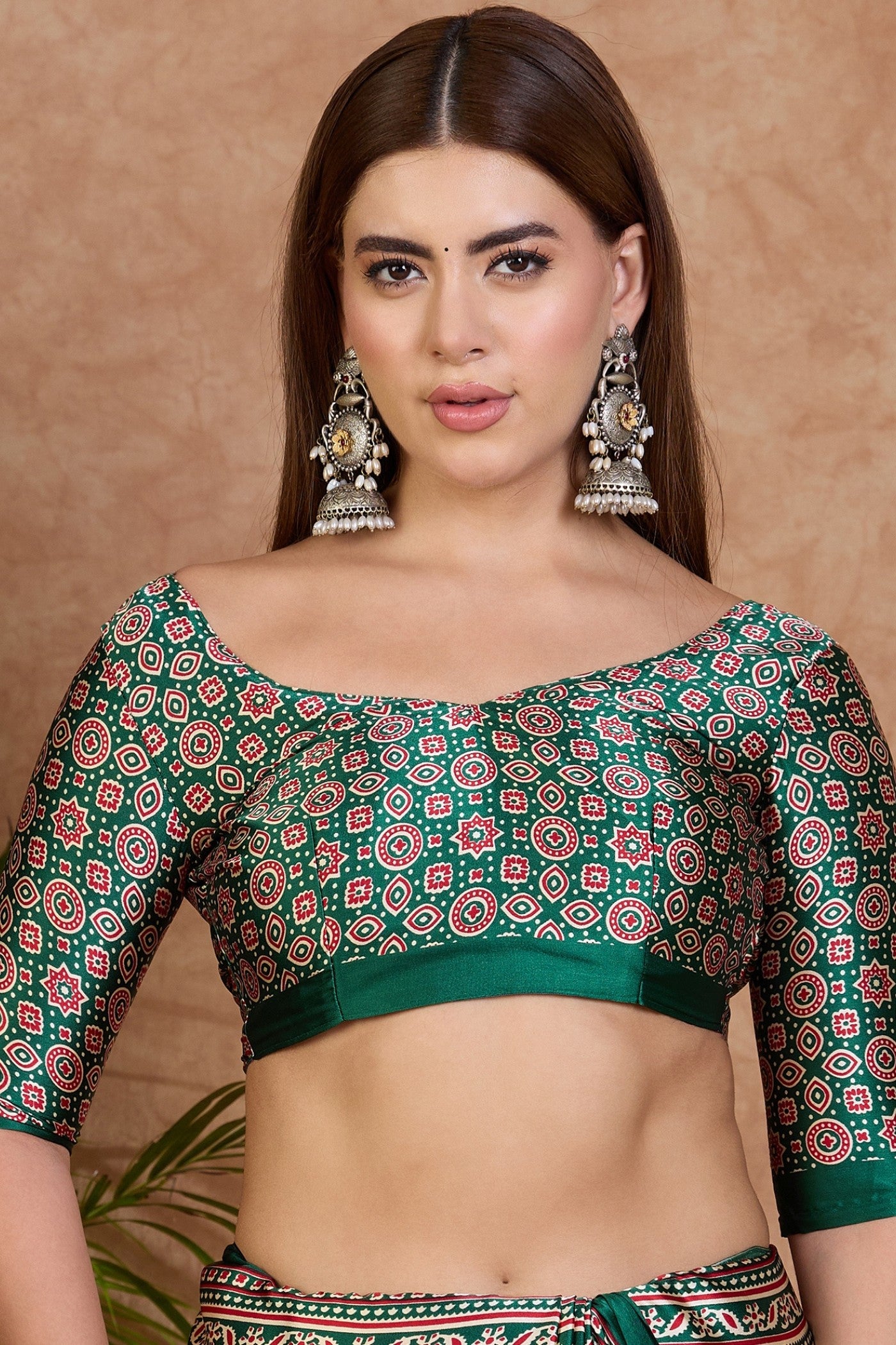 Buy MySilkLove Rice Cream and Green Ajrakh Printed Satin Crepe Silk Saree Online