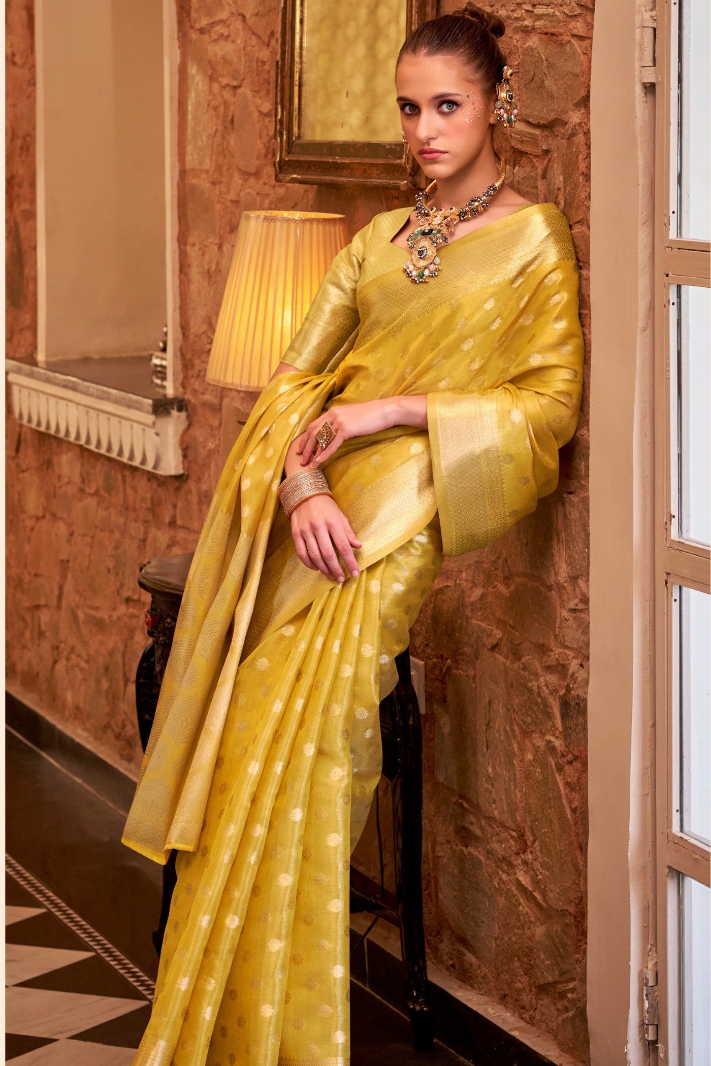 Buy MySilkLove Minion Yellow Woven Tissue Silk Saree Online