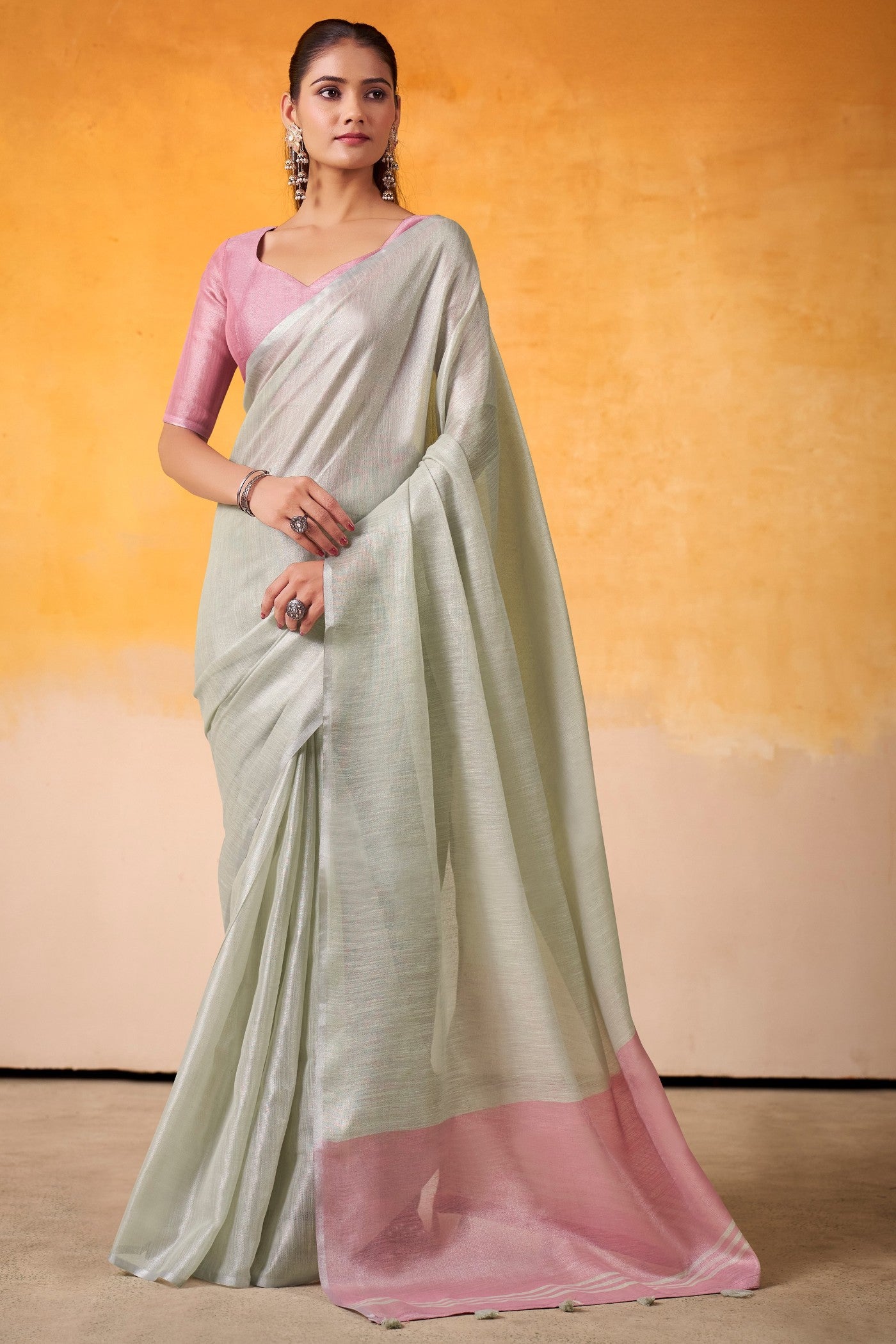Buy MySilkLove Parchment White and Pink Woven Tissue Silk Saree Online
