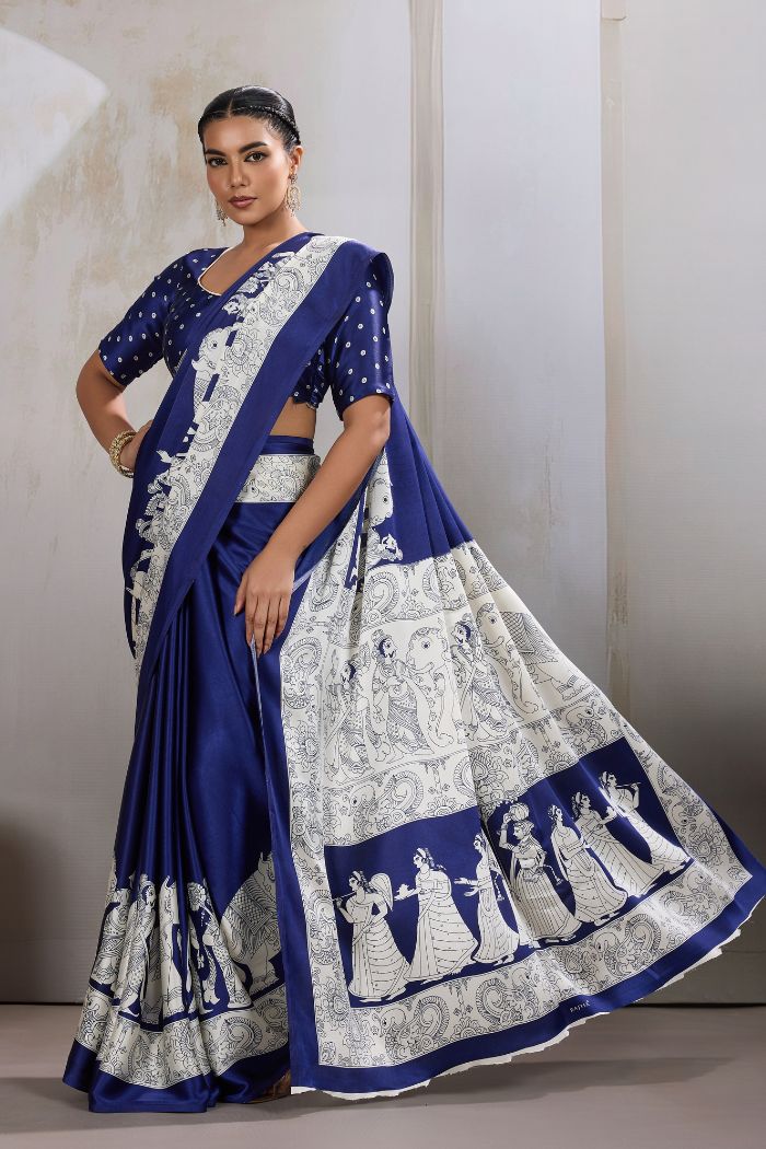Buy MySilkLove Royal Blue Modal Ajrakh Printed Satin Silk Saree Online